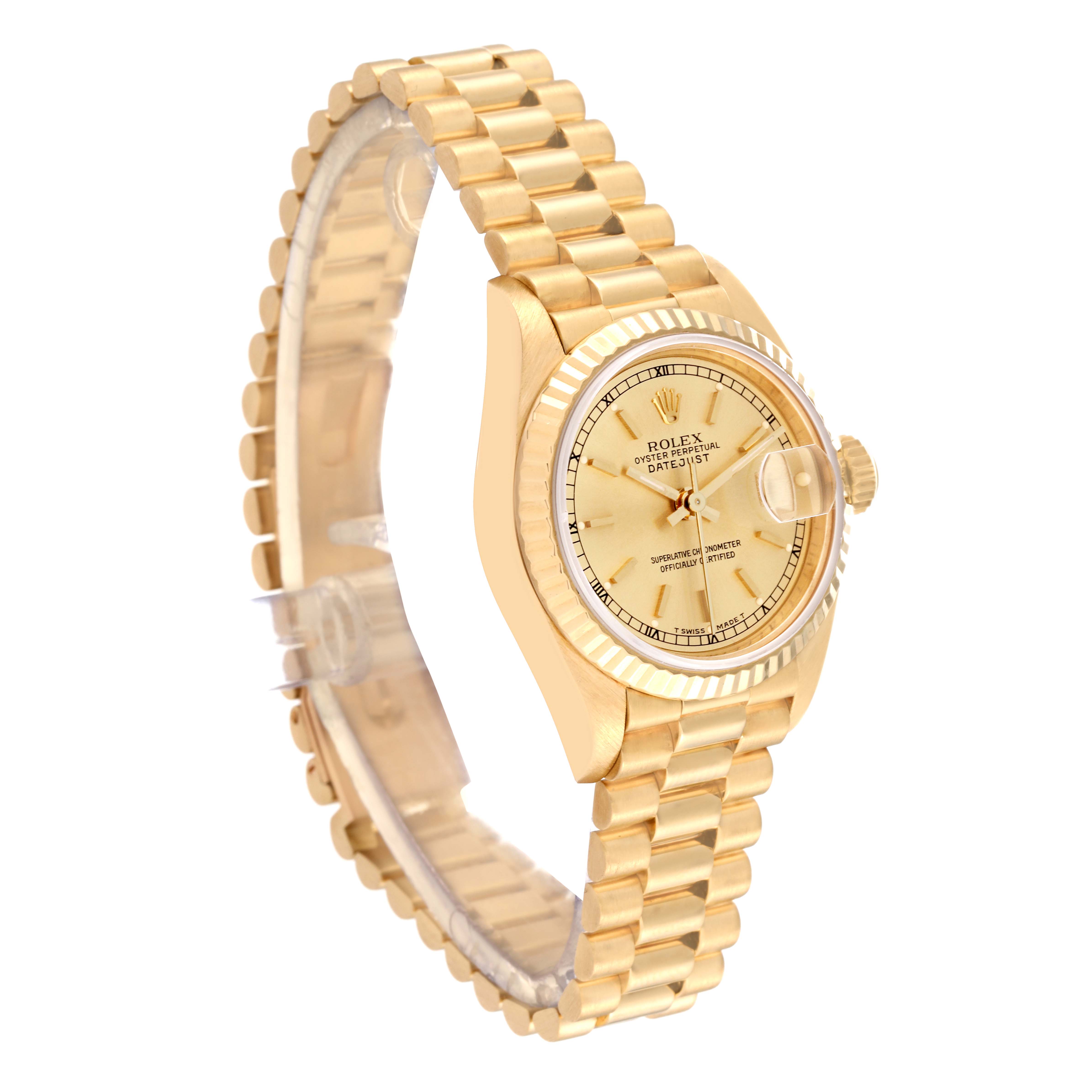 The image shows a Rolex President 69178 Women's Yellow Gold Champagne Dial 69178 Women's Yellow Gold Champagne Dial model watch from an angled front view, showcasing the face, bezel, crown, and part of the bracelet.