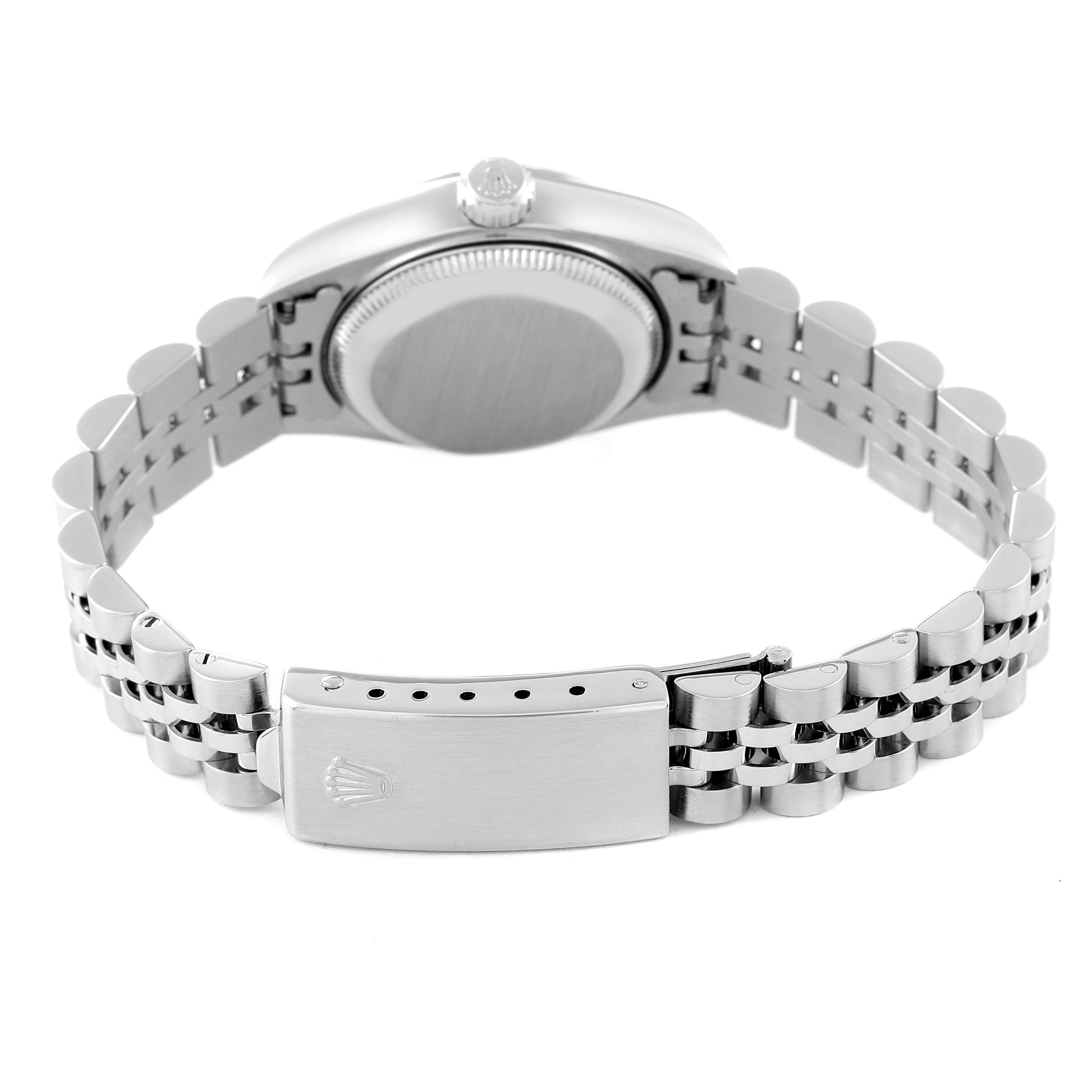 This image shows the clasp and back of the case of a Rolex Datejust 69174 Women's Stainless Steel Silver Dial 69174 Women's Stainless Steel Silver Dial watch, focusing on the bracelet and rear side.