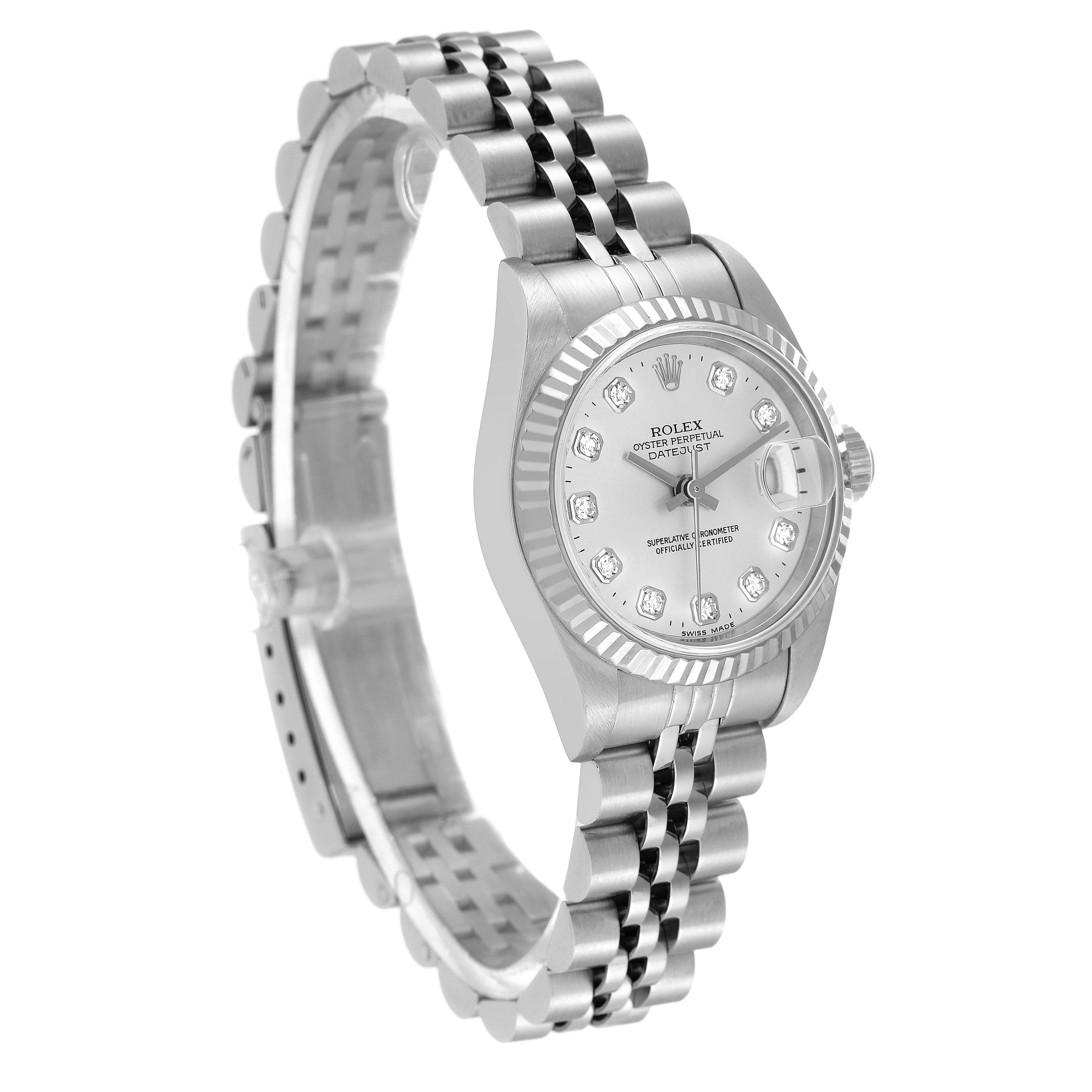 The Rolex Datejust 69174 Women's Stainless Steel Silver Dial 69174 Women's Stainless Steel Silver Dial watch is shown at an angled view highlighting its face, bezel, and bracelet.