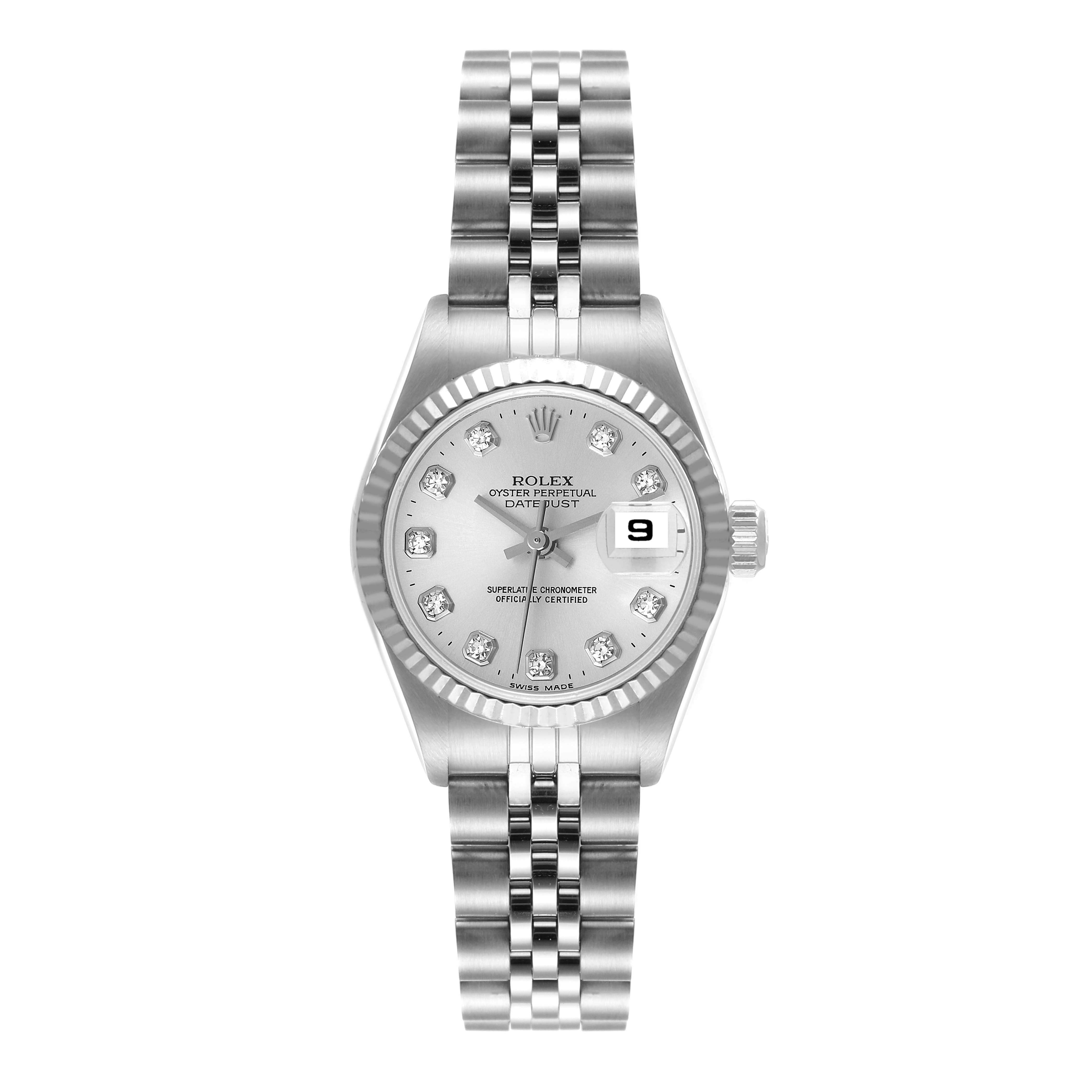 This image shows a frontal view of a Rolex Datejust 69174 Women's Stainless Steel Silver Dial 69174 Women's Stainless Steel Silver Dial watch, highlighting its dial, bracelet, and crown.