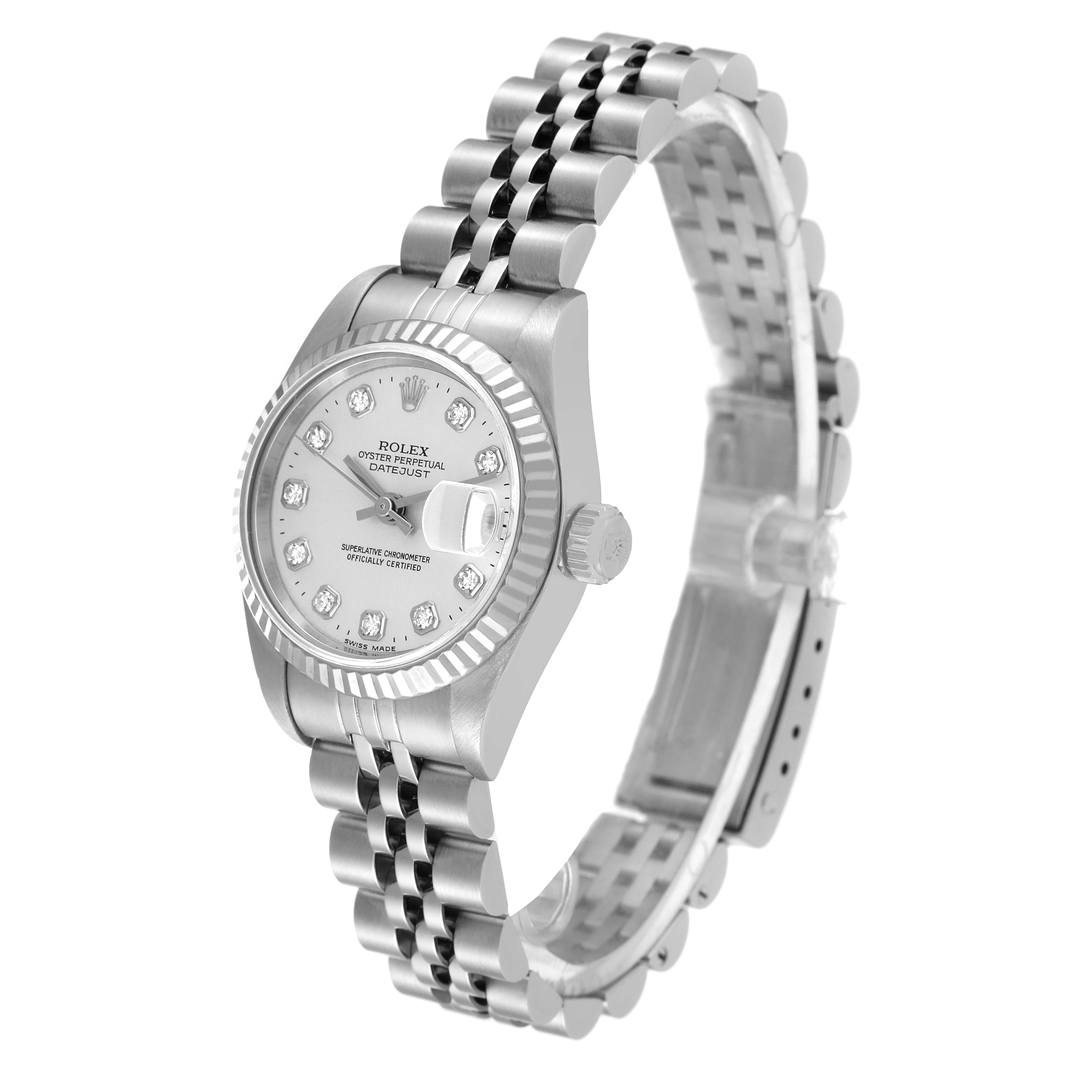 The image shows a Rolex Datejust 69174 Women's Stainless Steel Silver Dial 69174 Women's Stainless Steel Silver Dial watch at a three-quarter angle, displaying the dial, bezel, and bracelet.