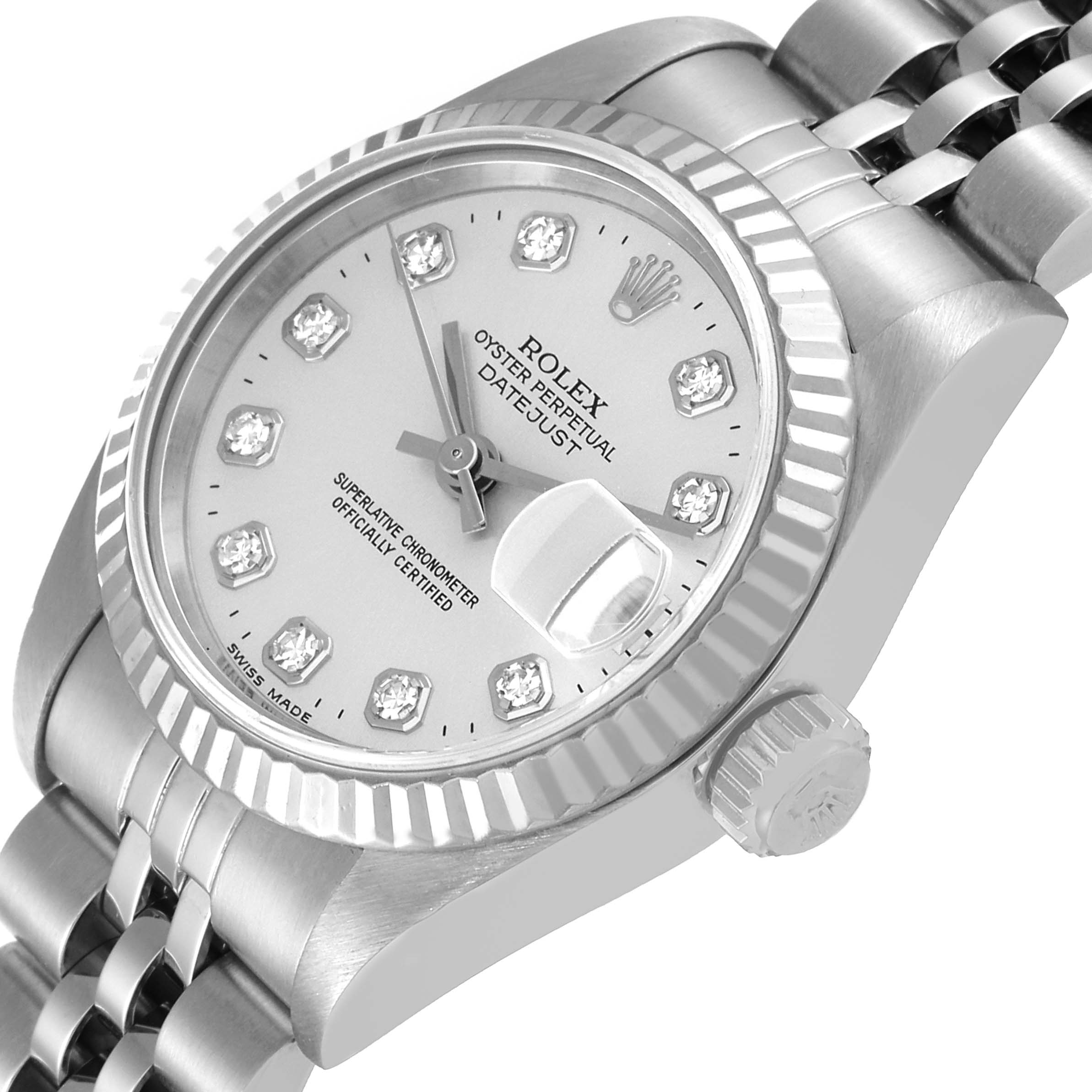The Rolex Datejust 69174 Women's Stainless Steel Silver Dial 69174 Women's Stainless Steel Silver Dial watch is displayed from an angled side view, showing the face, winder, and partial bracelet.