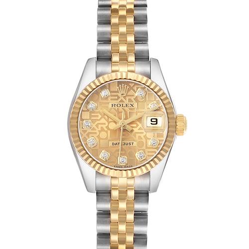 The Rolex Datejust 179173 Women's Steel and Gold (two tone) Champagne Dial watch is shown from a top-down angle, displaying the face, bezel, and bracelet clearly.
