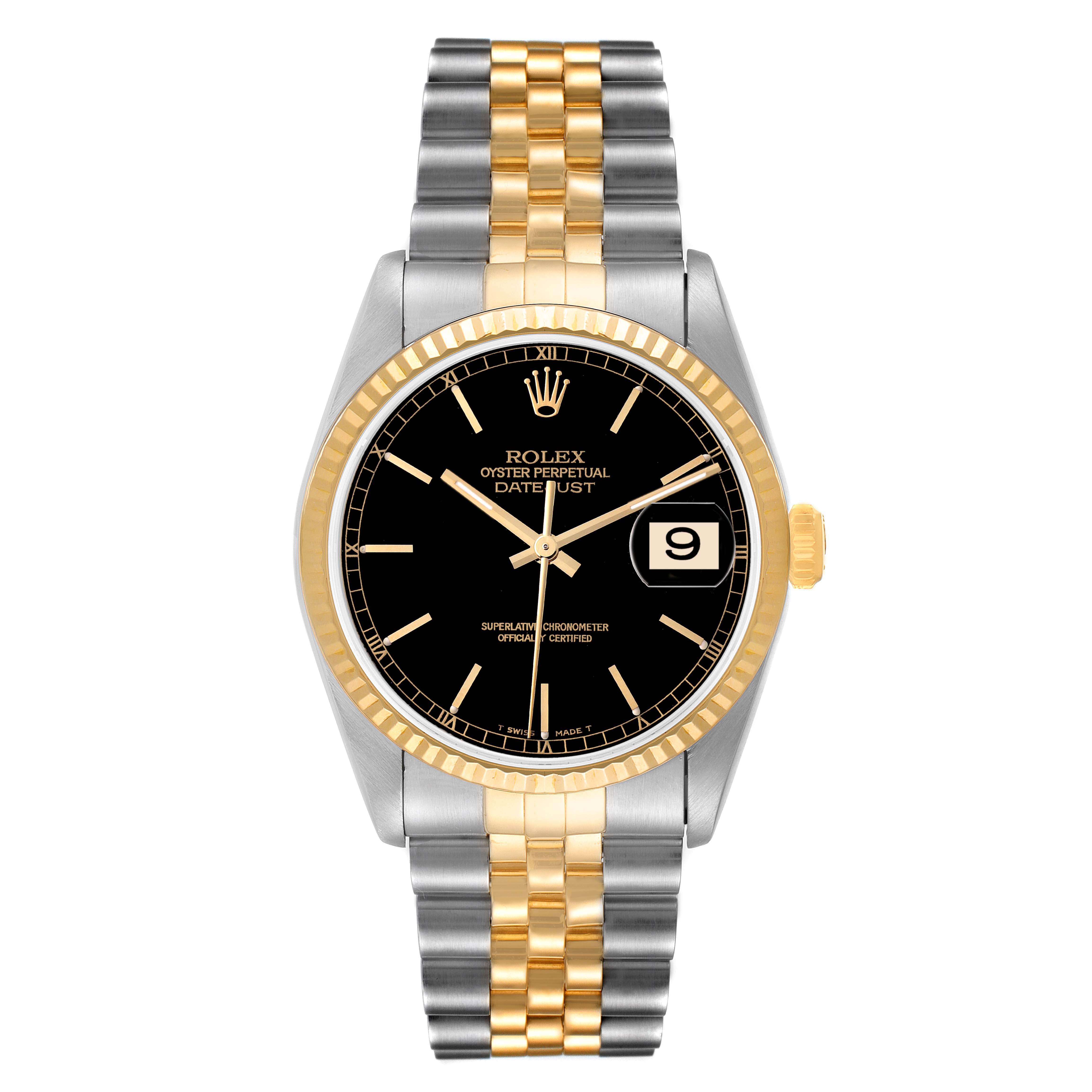 The image shows a Rolex Datejust 16233 Men's Steel and Gold (two tone) Black Dial 16233 Men's Steel and Gold (two tone) Black Dial watch from a front angle, featuring a two-tone bracelet, black dial, fluted bezel, and date display.