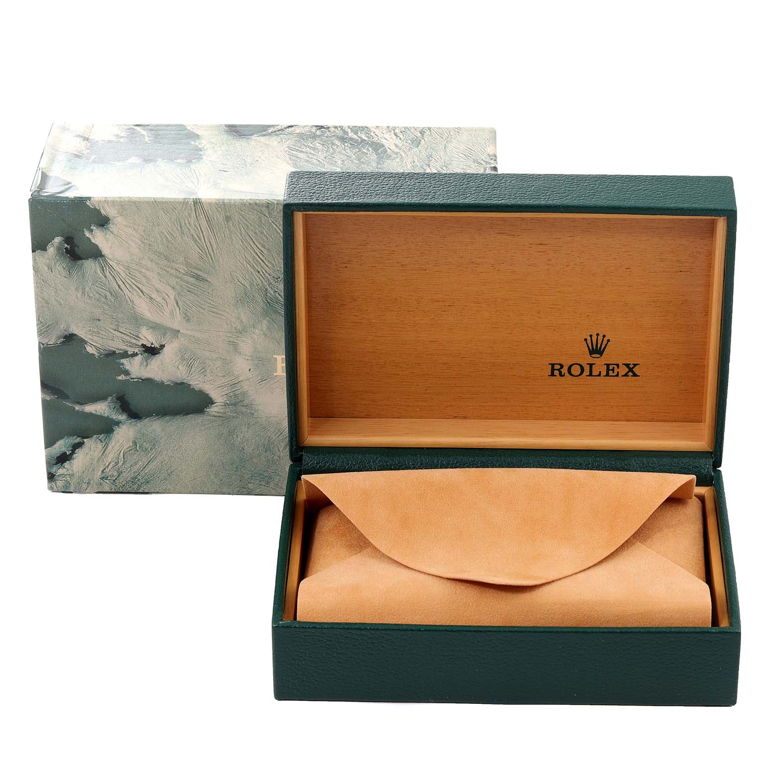 The image shows an open Rolex Datejust 16233 Men's Steel and Gold (two tone) Black Dial 16233 Men's Steel and Gold (two tone) Black Dial watch box with the outer packaging beside it.