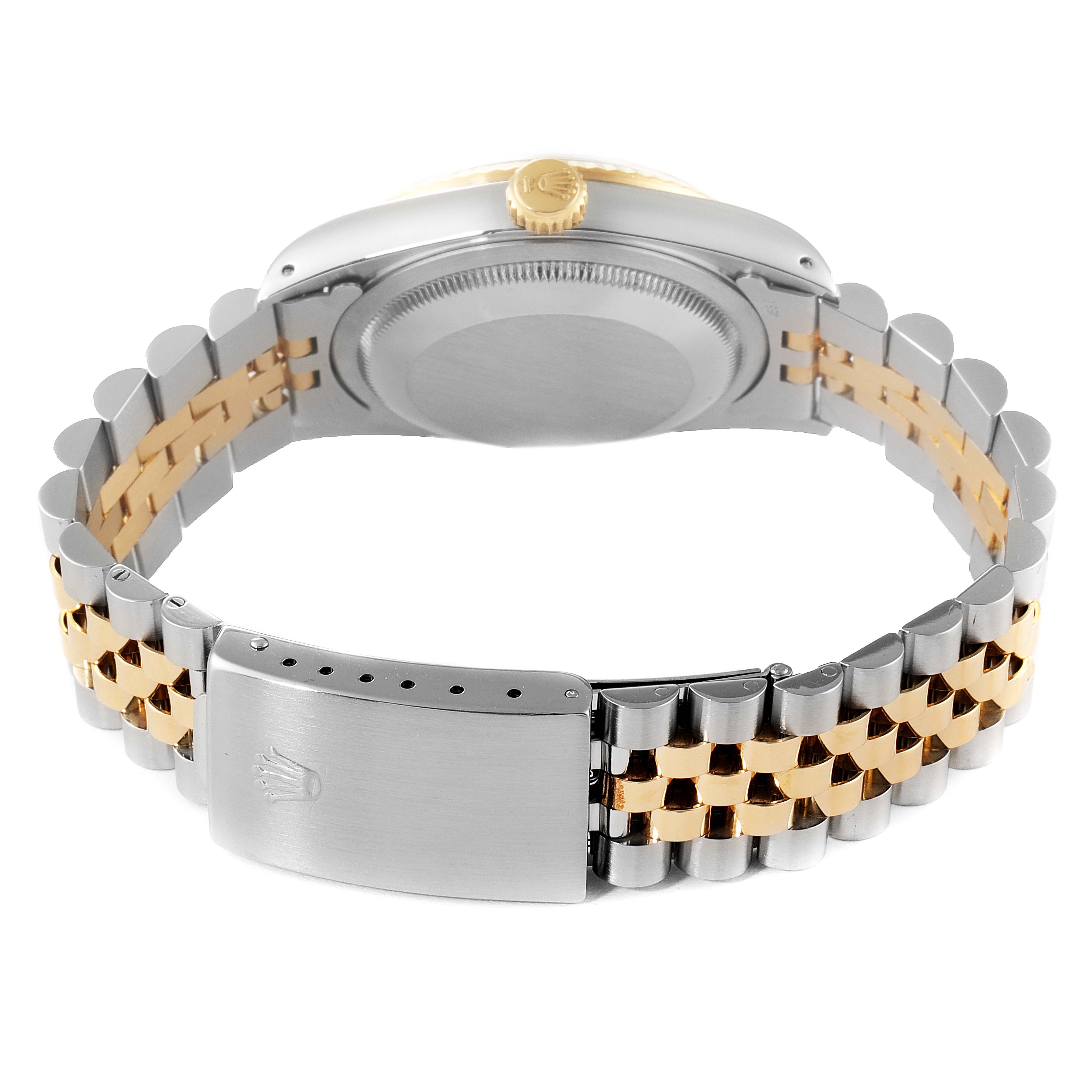 This image shows the back view of a Rolex Datejust 16233 Men's Steel and Gold (two tone) Black Dial 16233 Men's Steel and Gold (two tone) Black Dial watch, highlighting the case back and the two-tone bracelet with the clasp.