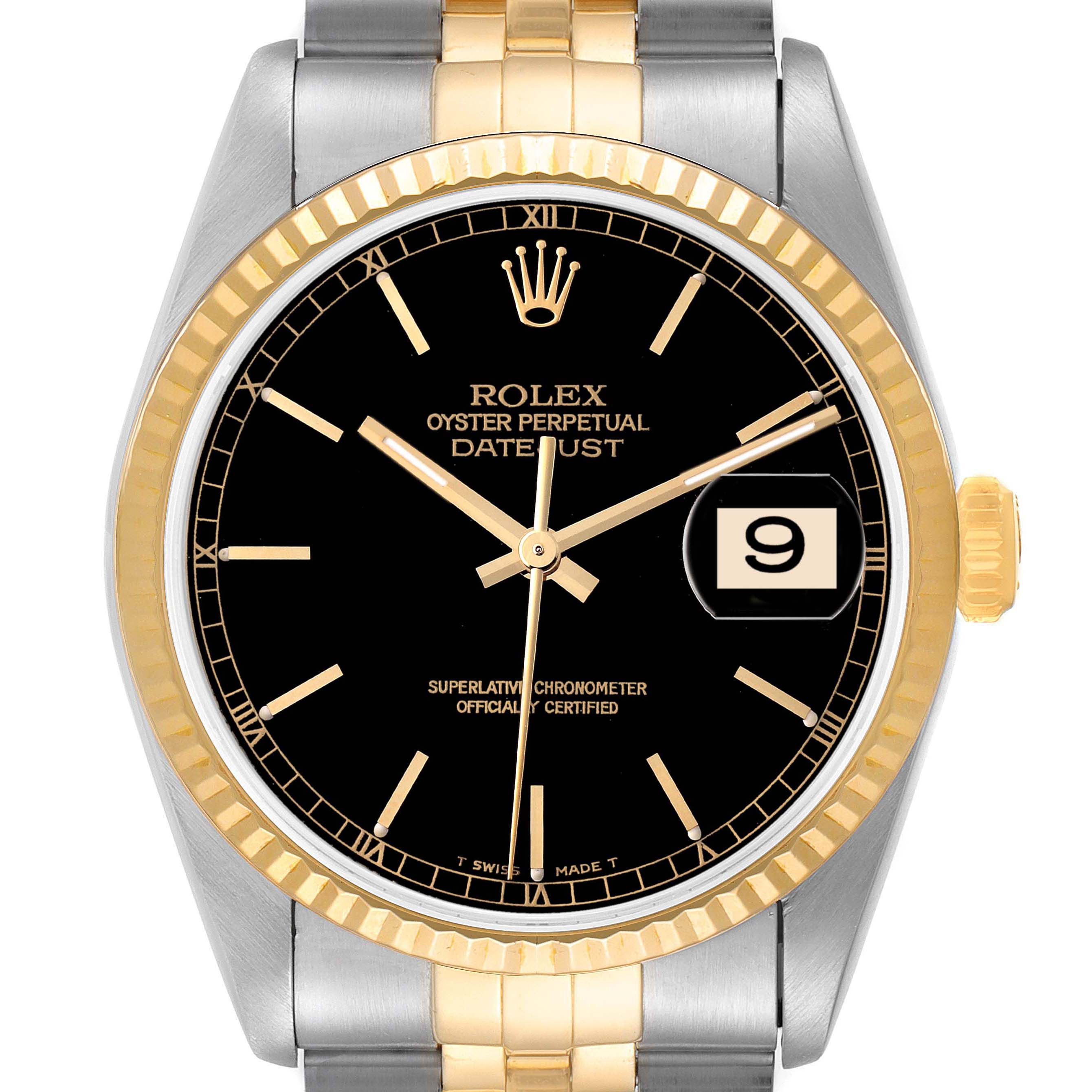 The image shows a Rolex Datejust 16233 Men's Steel and Gold (two tone) Black Dial 16233 Men's Steel and Gold (two tone) Black Dial watch head-on, displaying its dial, bezel, crown, and part of its bracelet.