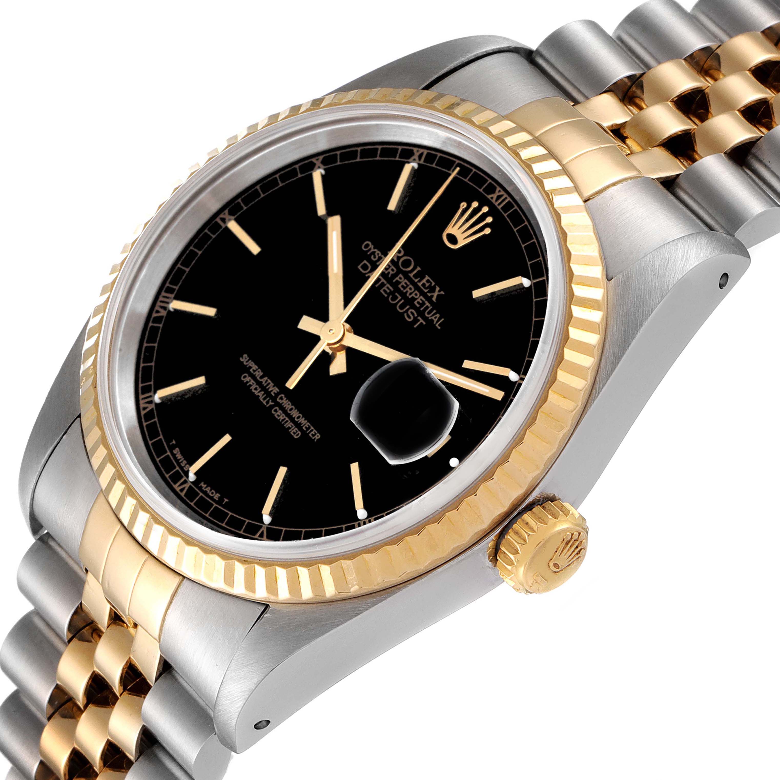 This image shows a close-up angle of the Rolex Datejust 16233 Men's Steel and Gold (two tone) Black Dial 16233 Men's Steel and Gold (two tone) Black Dial watch, highlighting the dial, bezel, and part of the bracelet.
