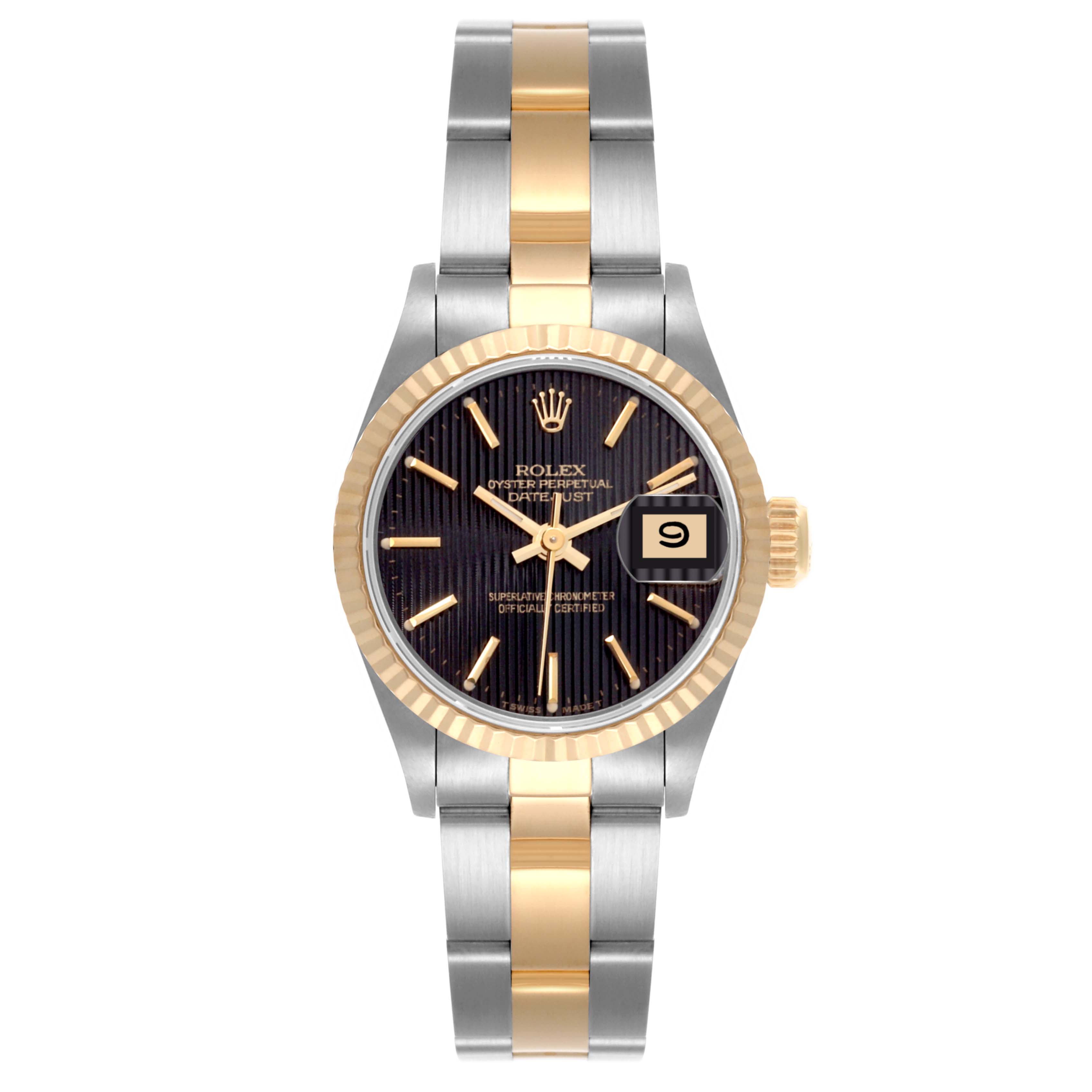 The Rolex Datejust 69173 Women's Steel and Gold (two tone) Black Dial 69173 Women's Steel and Gold (two tone) Black Dial watch is shown from a top view, displaying the watch face, bracelet, bezel, and crown.