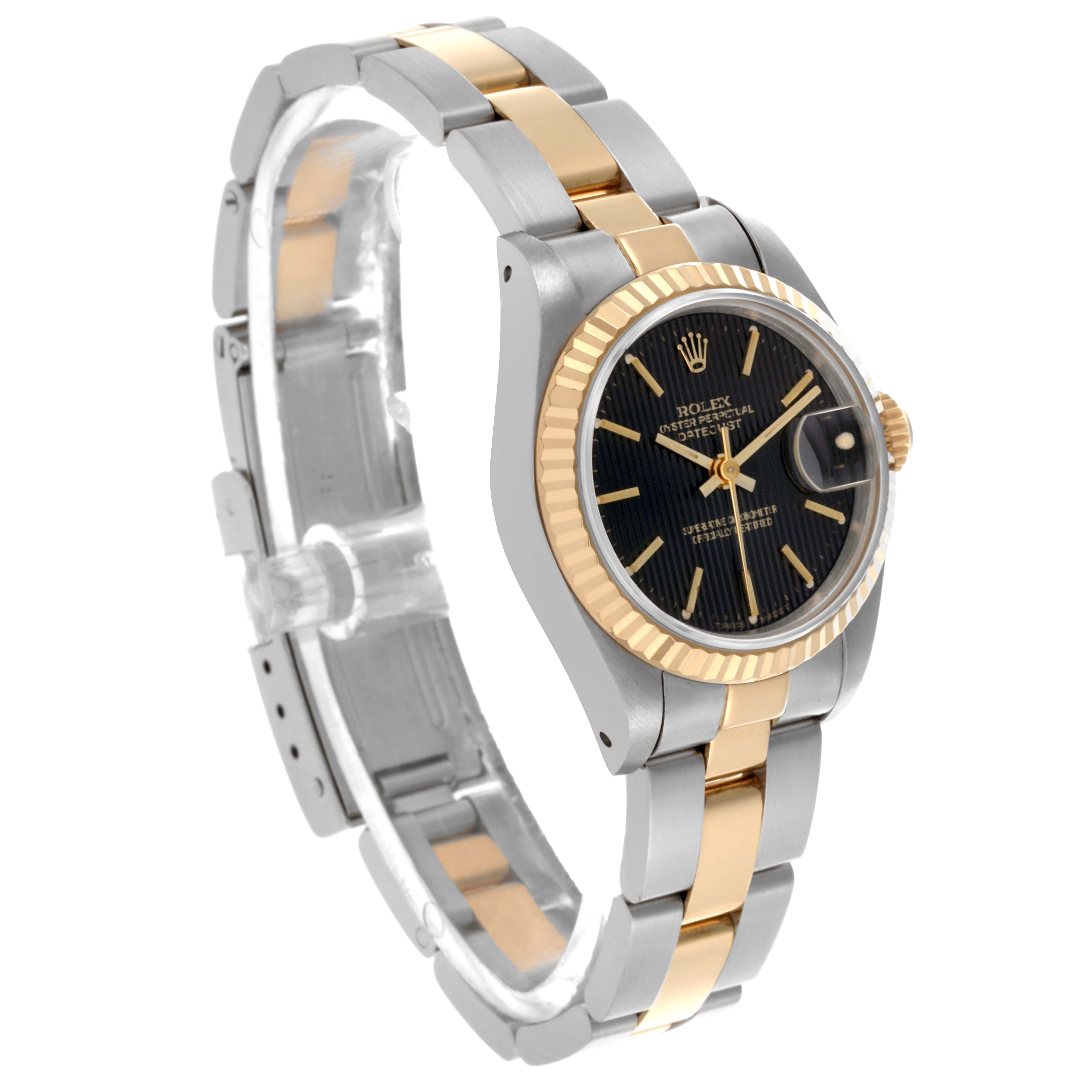 The Rolex Datejust 69173 Women's Steel and Gold (two tone) Black Dial 69173 Women's Steel and Gold (two tone) Black Dial watch is shown at a slight angle, displaying the face, bezel, and part of the bracelet.