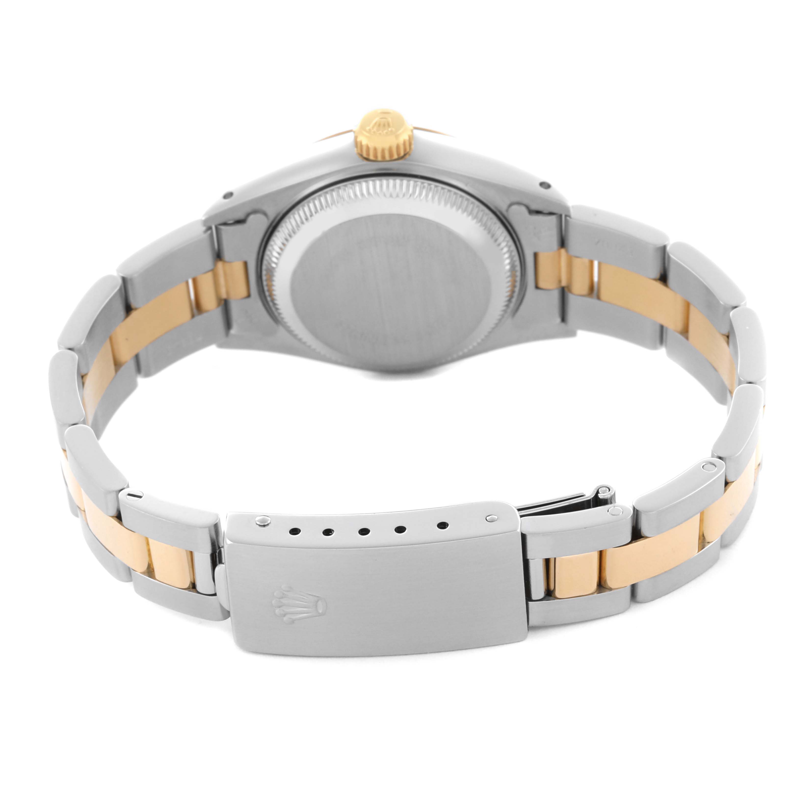 The image shows the back and bracelet clasp of a Rolex Datejust 69173 Women's Steel and Gold (two tone) Black Dial 69173 Women's Steel and Gold (two tone) Black Dial, highlighting the watch case and two-tone metal links.