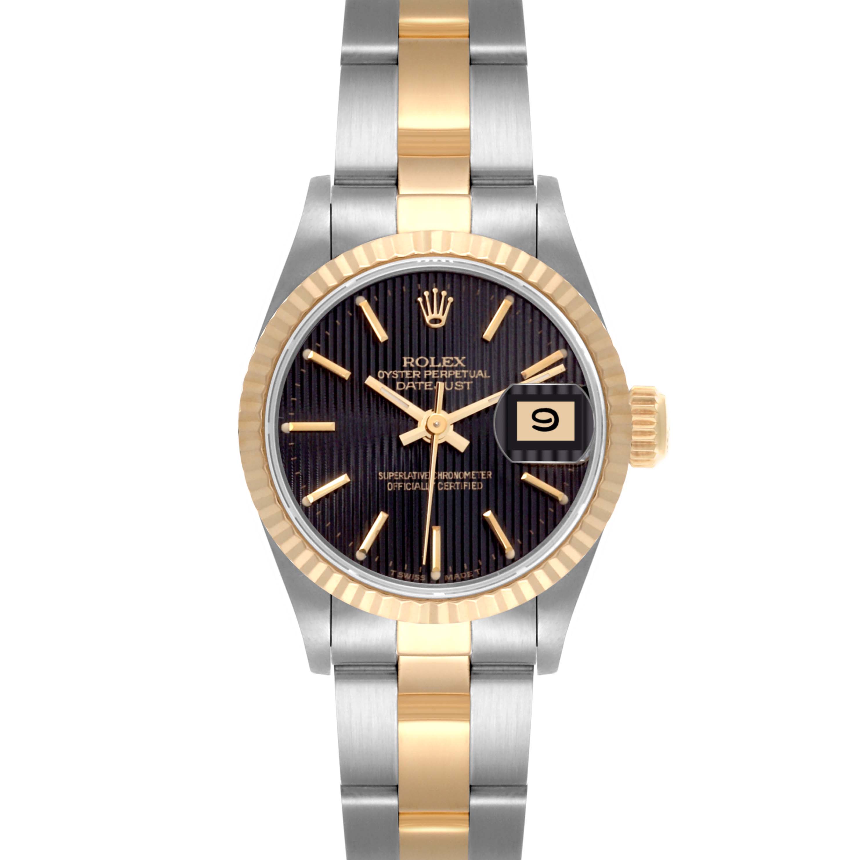 The Rolex Datejust 69173 Women's Steel and Gold (two tone) Black Dial 69173 Women's Steel and Gold (two tone) Black Dial watch is shown from a top view, highlighting its dial, bezel, and two-tone bracelet.