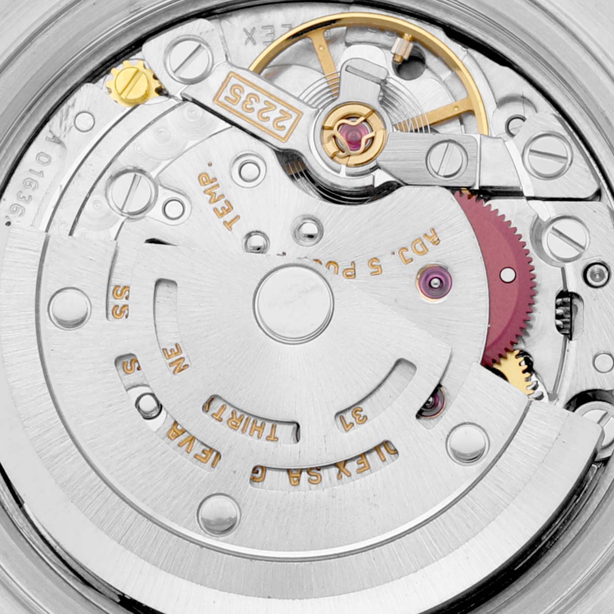 The image shows a close-up view of the movement mechanism of a Rolex Datejust 79173 Women's Steel and Gold (two tone) Blue Dial 79173 Women's Steel and Gold (two tone) Blue Dial watch from the back.