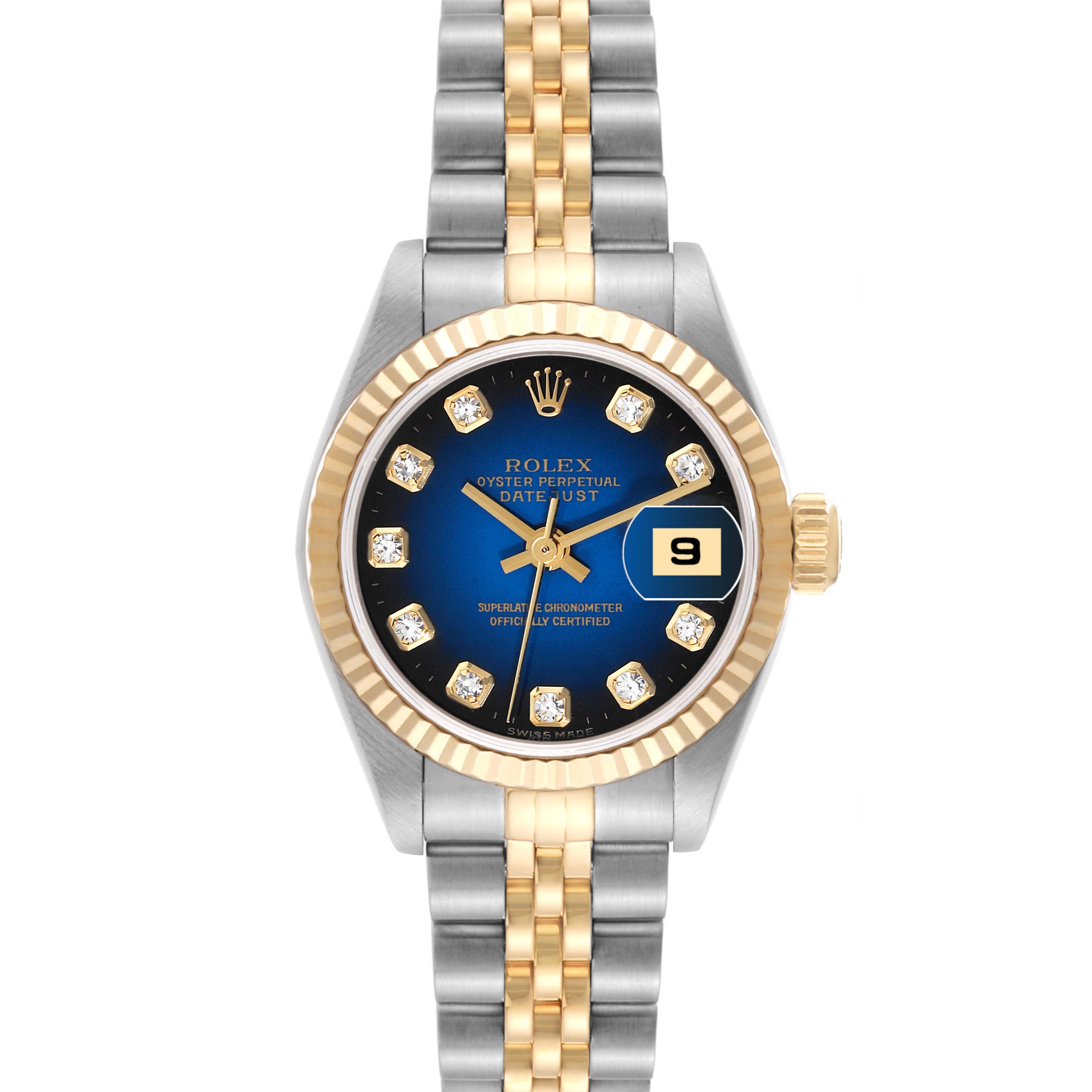 This is a front view of a Rolex Datejust 79173 Women's Steel and Gold (two tone) Blue Dial 79173 Women's Steel and Gold (two tone) Blue Dial watch showing the face, bezel, dial, and two-tone bracelet.