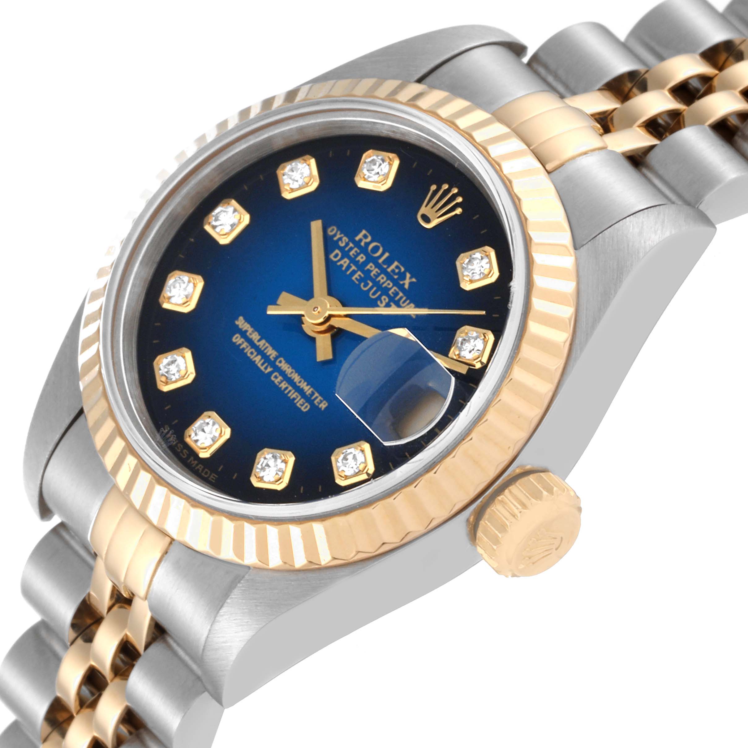 The image shows a close-up angle of the Rolex Datejust 79173 Women's Steel and Gold (two tone) Blue Dial 79173 Women's Steel and Gold (two tone) Blue Dial watch, highlighting the dial, crown, and part of the bracelet.