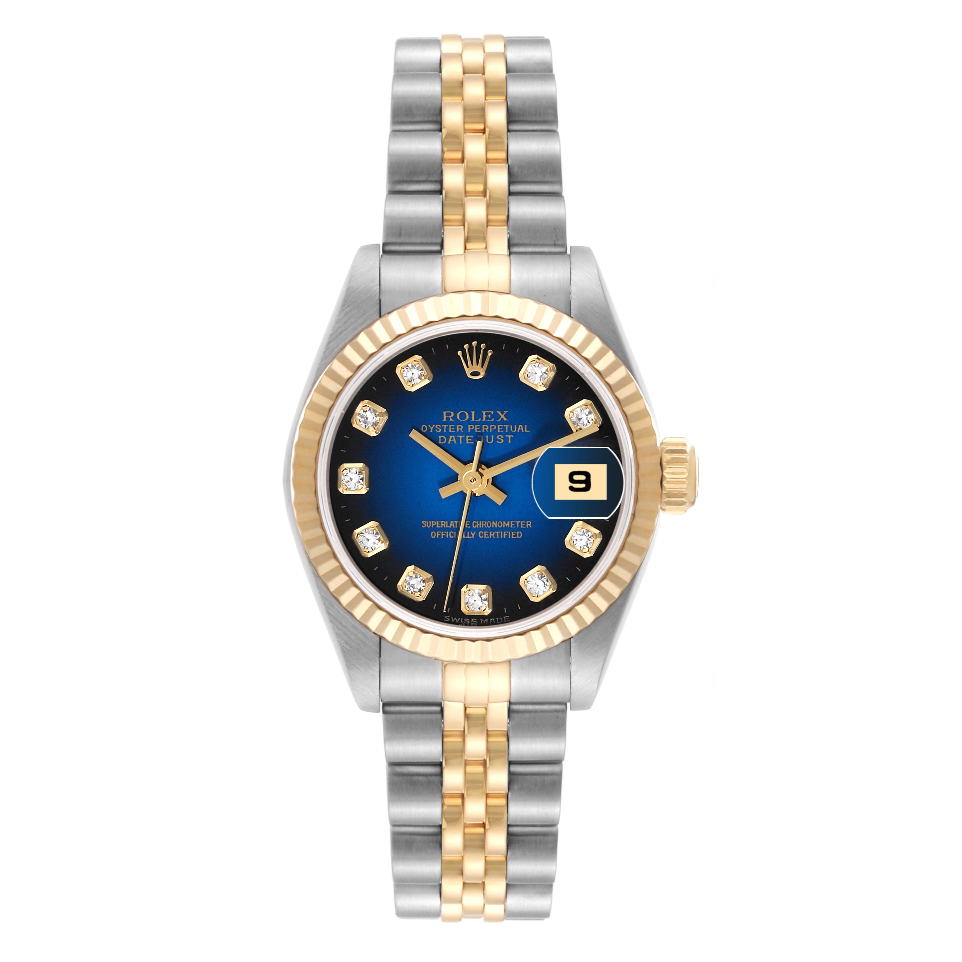 This image showcases a Rolex Datejust 79173 Women's Steel and Gold (two tone) Blue Dial 79173 Women's Steel and Gold (two tone) Blue Dial watch, viewed from the front, highlighting the dial, bezel, and two-tone bracelet.