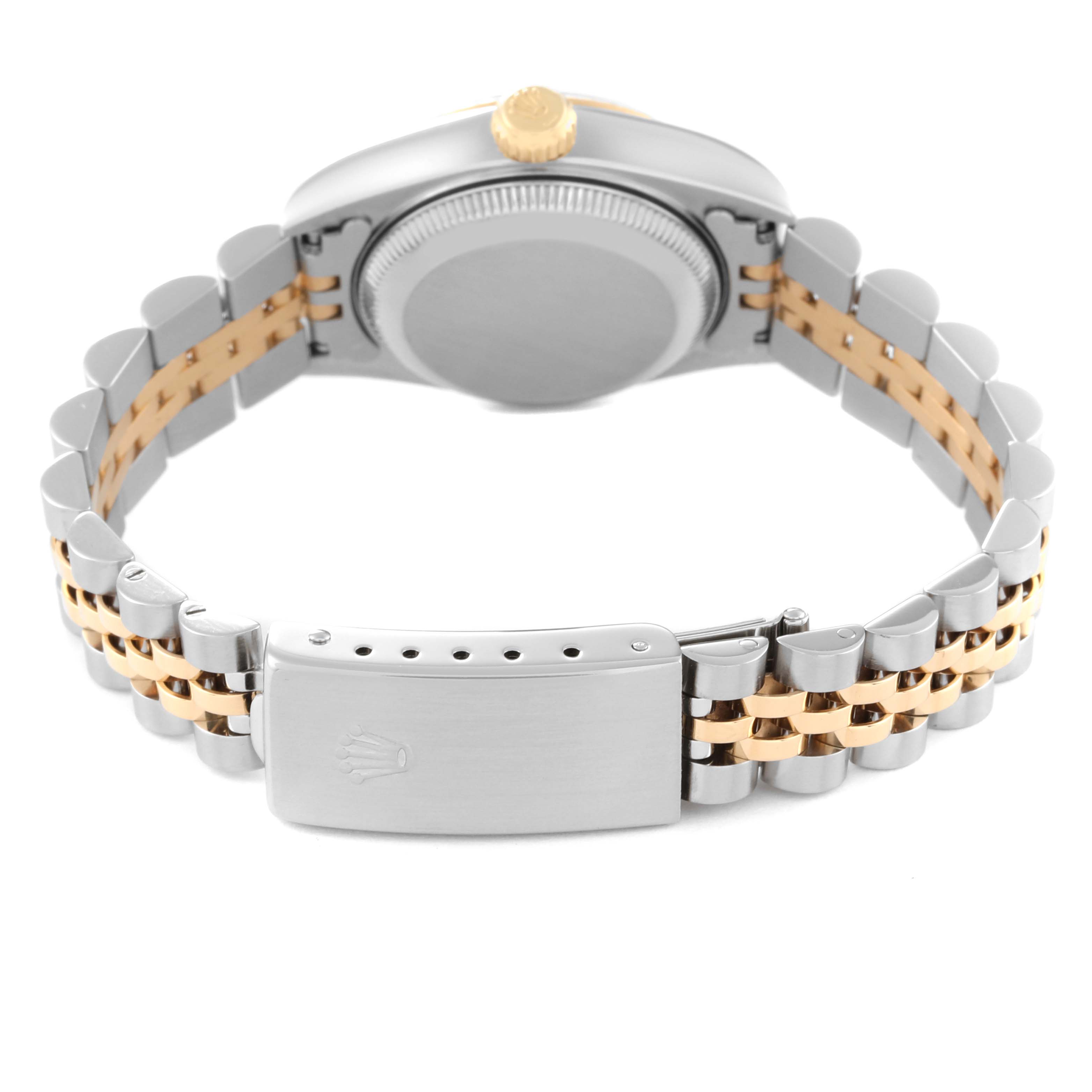 The image shows the back view of a Rolex Datejust 79173 Women's Steel and Gold (two tone) Blue Dial 79173 Women's Steel and Gold (two tone) Blue Dial watch, featuring its bracelet and the closed clasp.