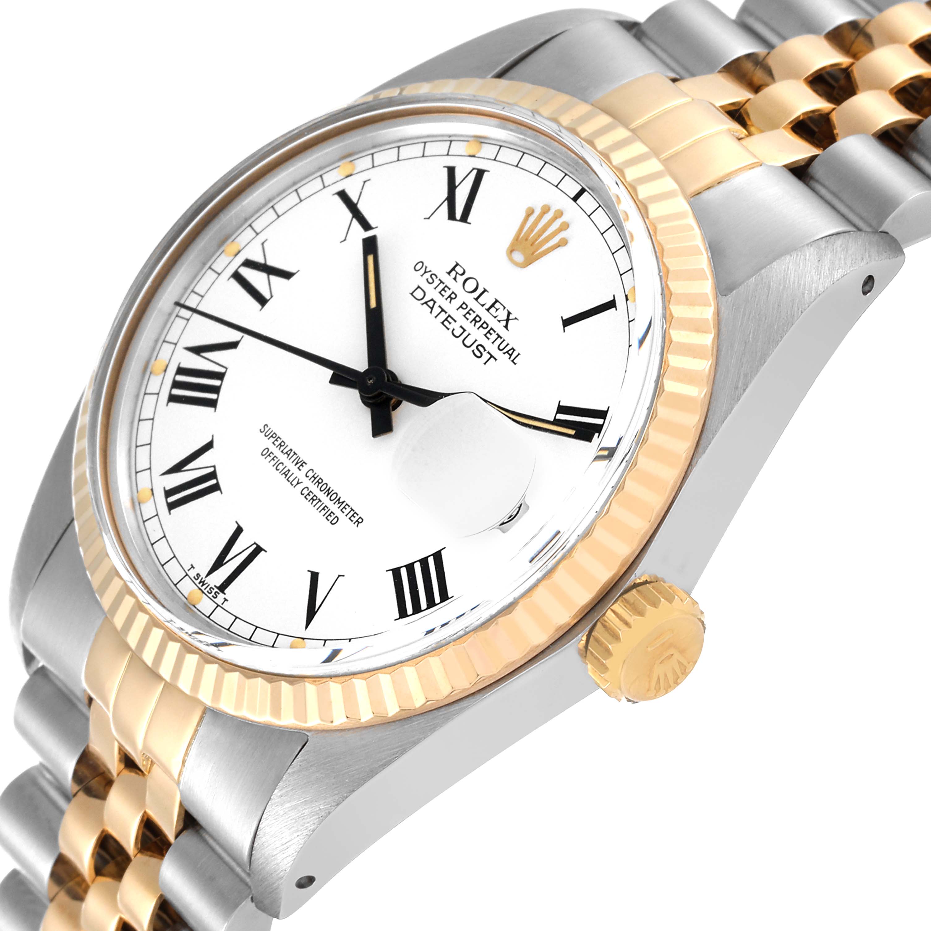 This image shows a close-up angled view of the face, bezel, and crown of the Rolex Datejust 16013 Men's Steel and Gold (two tone) White Dial 16013 Men's Steel and Gold (two tone) White Dial watch.