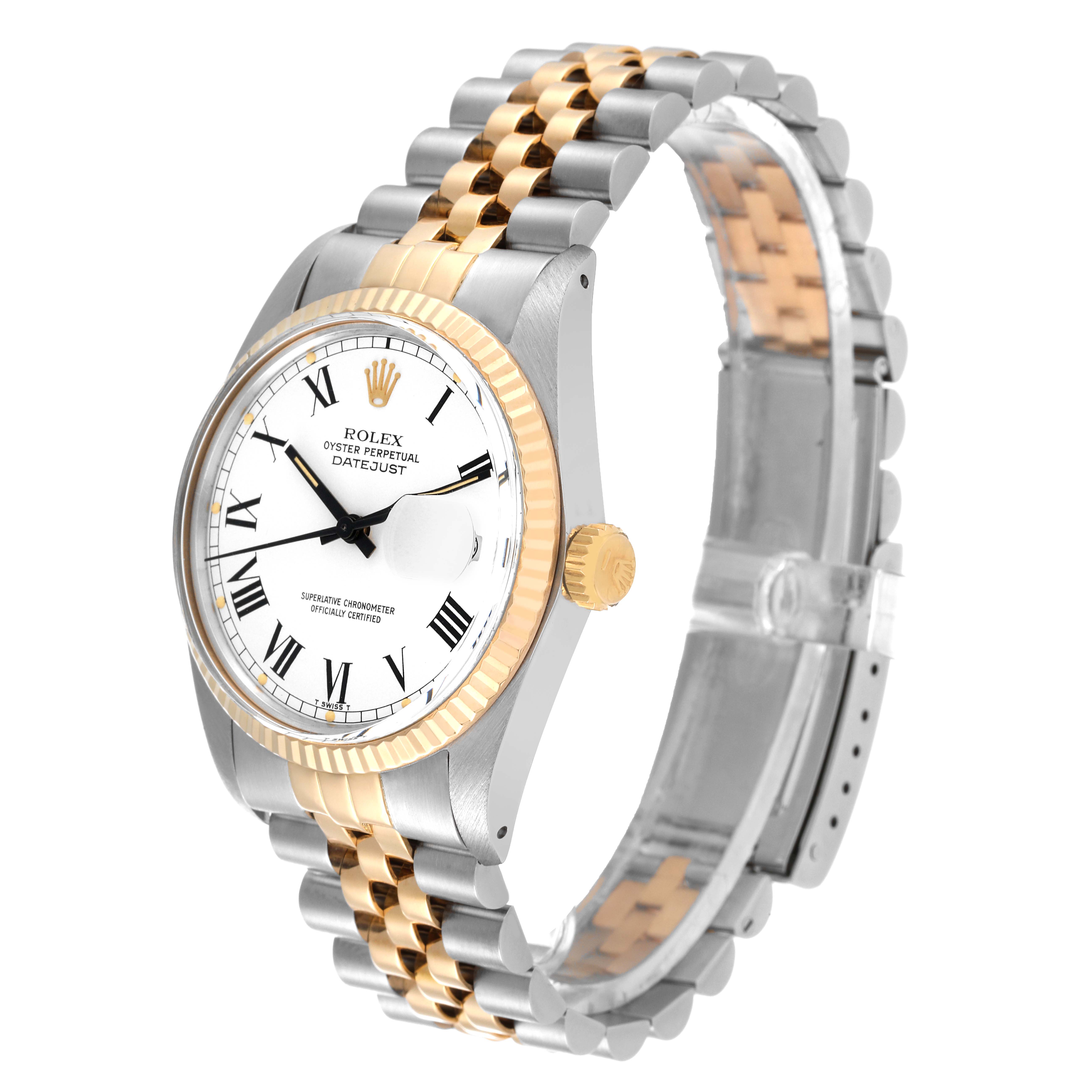 This image shows a Rolex Datejust 16013 Men's Steel and Gold (two tone) White Dial 16013 Men's Steel and Gold (two tone) White Dial watch from a front-side angle, highlighting the dial, bezel, crown, and two-tone bracelet.