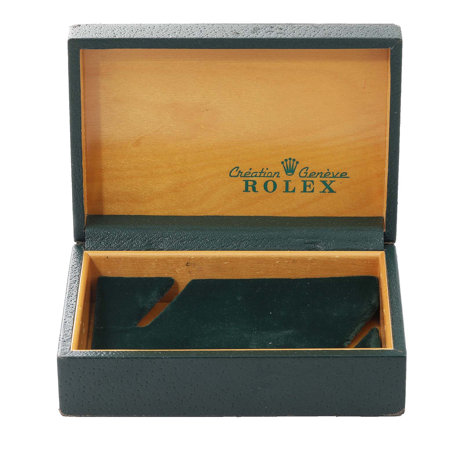 The image shows an open watch box for the Rolex Datejust 16013 Men's Steel and Gold (two tone) White Dial 16013 Men's Steel and Gold (two tone) White Dial model, displaying the interior with a wooden finish and green lining.