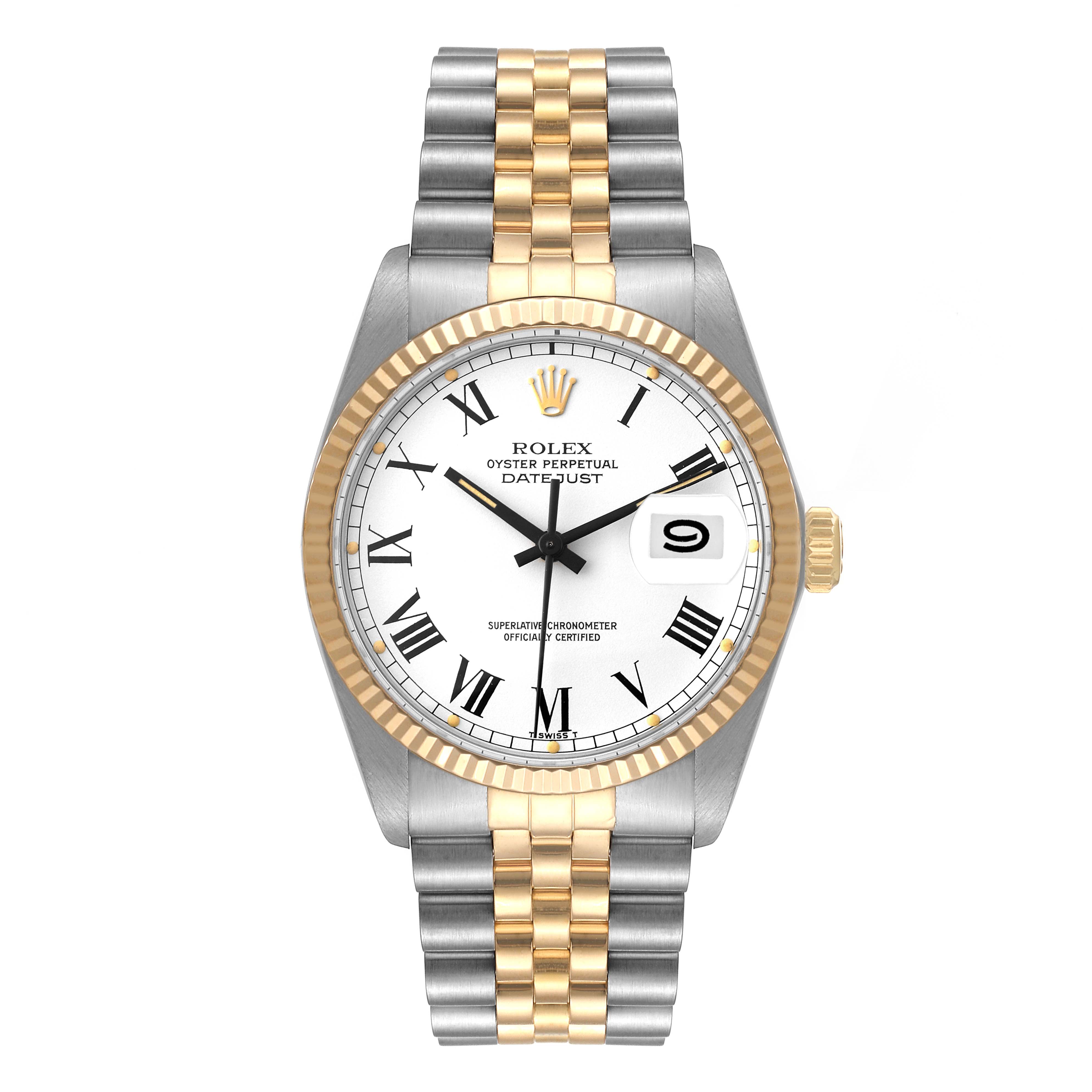 The image shows a Rolex Datejust 16013 Men's Steel and Gold (two tone) White Dial 16013 Men's Steel and Gold (two tone) White Dial watch from a front angle, featuring a two-tone bracelet, fluted bezel, and Roman numeral dial.