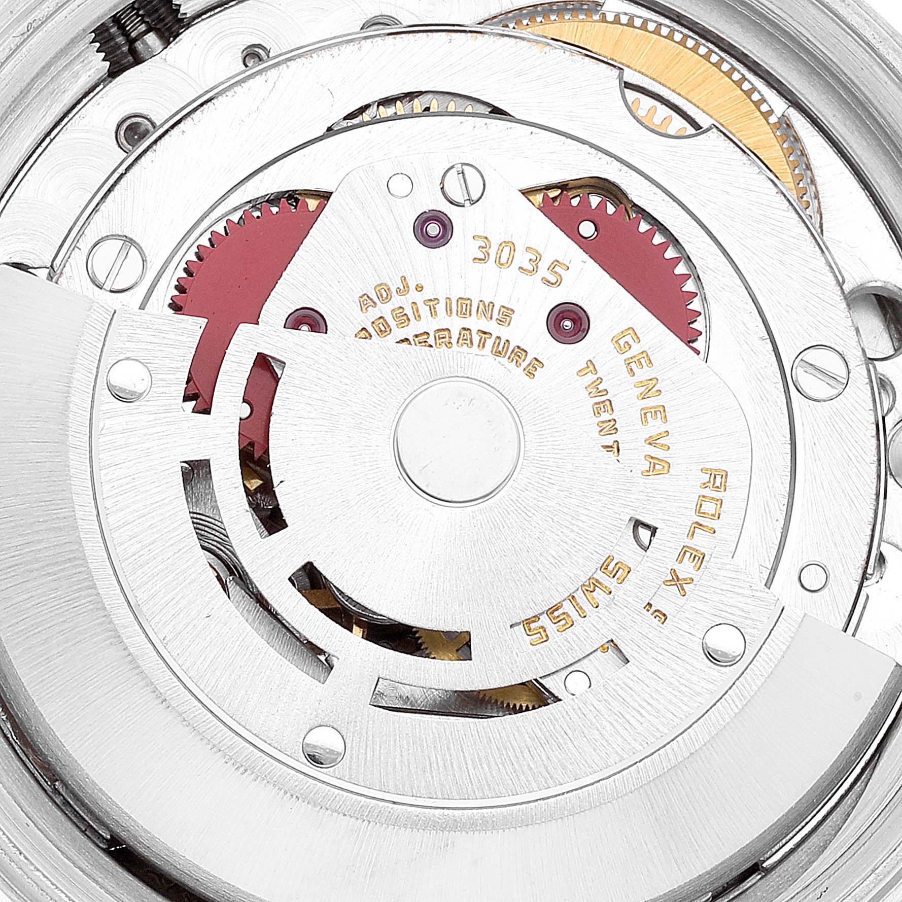 This image shows a detailed close-up of the movement inside a Rolex Datejust 16013 Men's Steel and Gold (two tone) White Dial 16013 Men's Steel and Gold (two tone) White Dial watch, highlighting gears and intricate mechanisms.