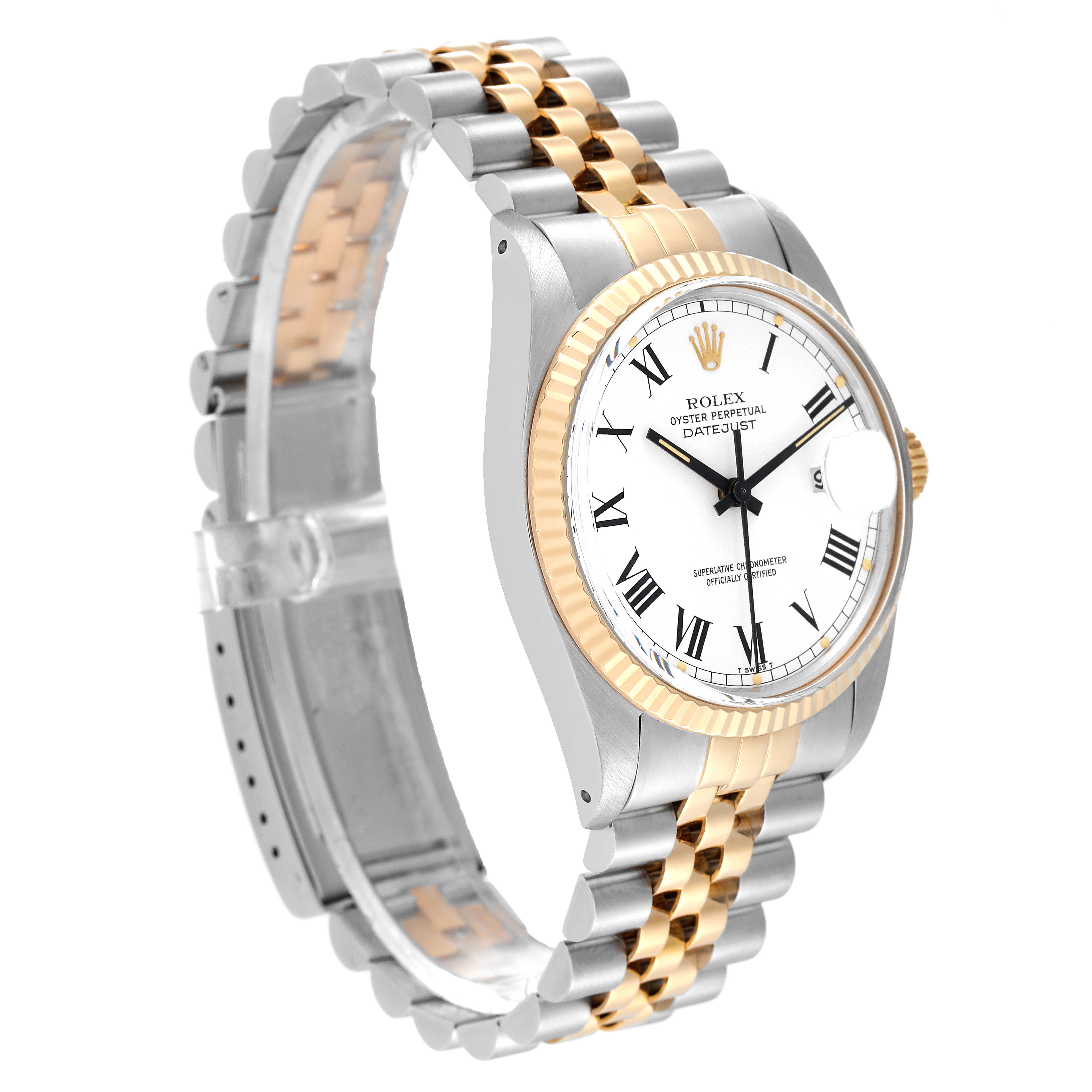 This image shows a Rolex Datejust 16013 Men's Steel and Gold (two tone) White Dial 16013 Men's Steel and Gold (two tone) White Dial watch at a three-quarter angle, highlighting its face, bezel, and two-tone band.