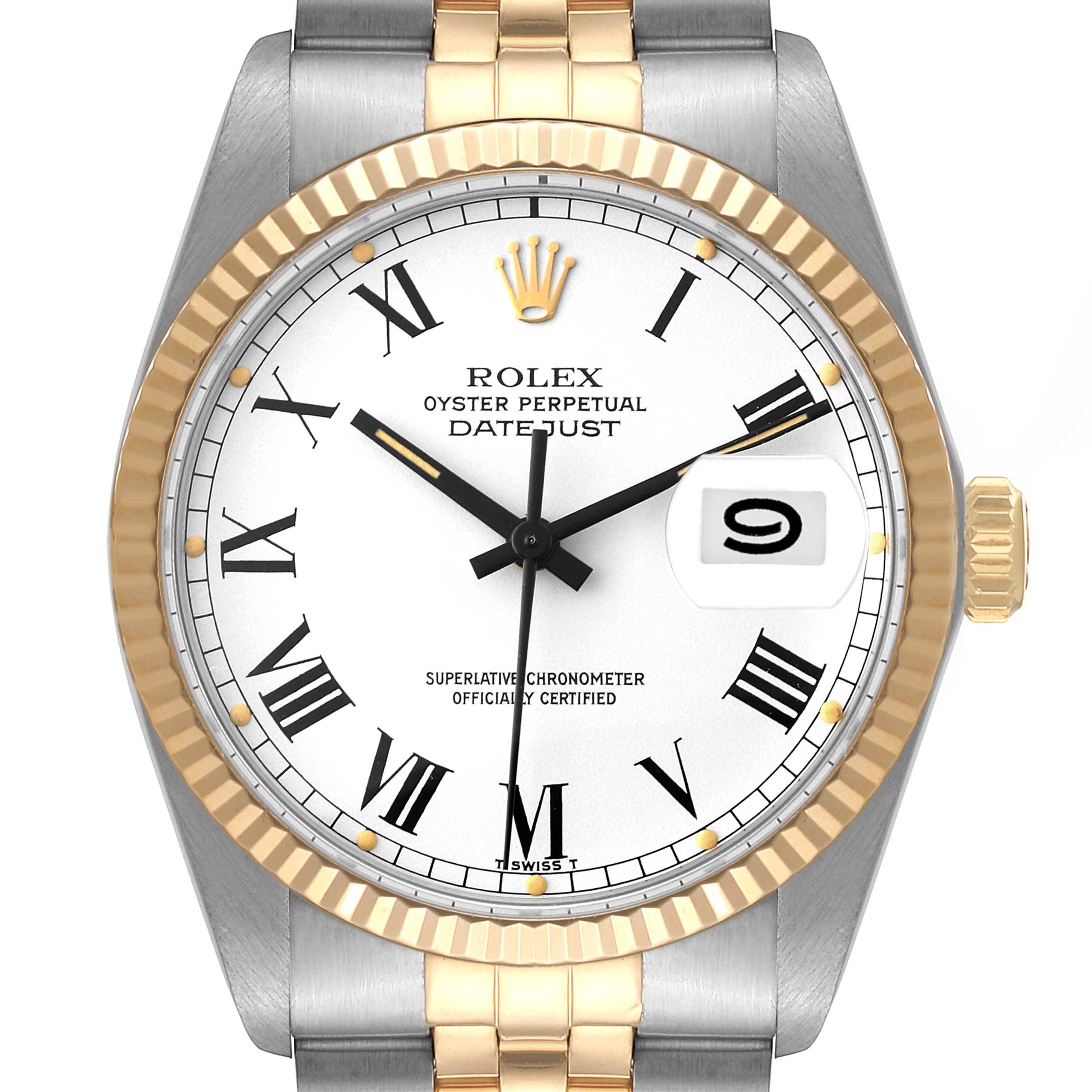 The image shows a frontal view of the Rolex Datejust 16013 Men's Steel and Gold (two tone) White Dial 16013 Men's Steel and Gold (two tone) White Dial watch, highlighting its dial, bezel, crown, and part of the bracelet.
