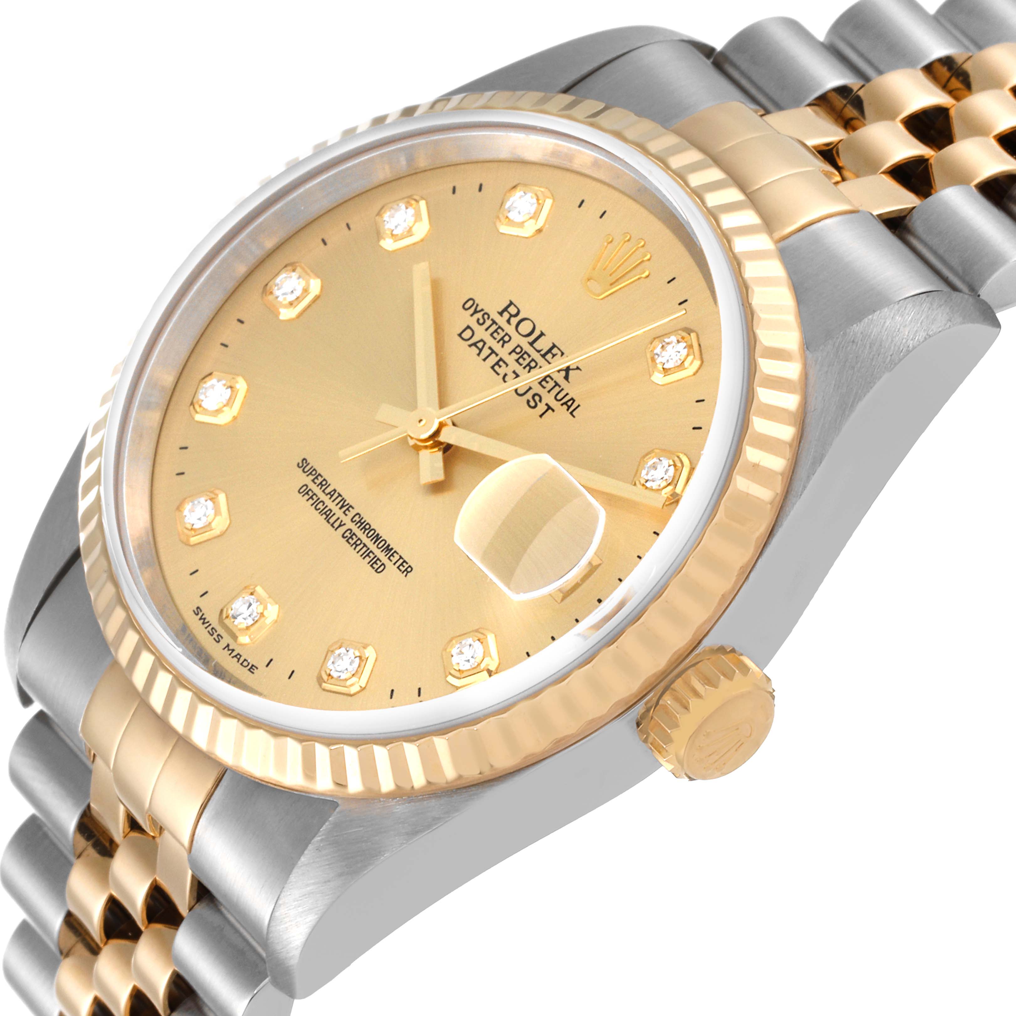 The image shows a close-up side angle of a Rolex Datejust 16233 Men's Steel and Gold (two tone) Champagne Dial 16233 Men's Steel and Gold (two tone) Champagne Dial watch, highlighting its gold dial, bezel, crown, and two-tone bracelet.