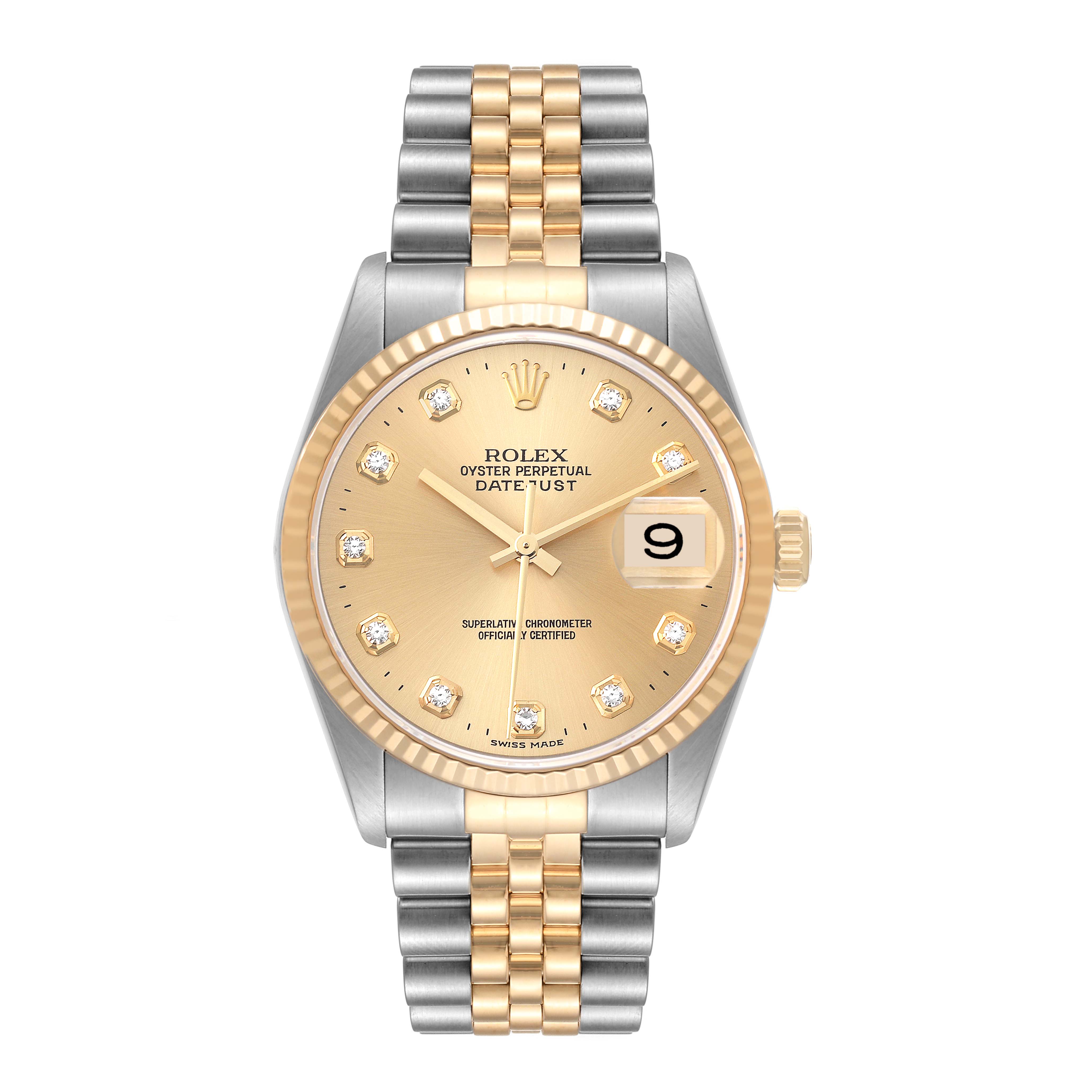The image shows a Rolex Datejust 16233 Men's Steel and Gold (two tone) Champagne Dial 16233 Men's Steel and Gold (two tone) Champagne Dial watch from a front angle, highlighting its dial, bezel, and bracelet.