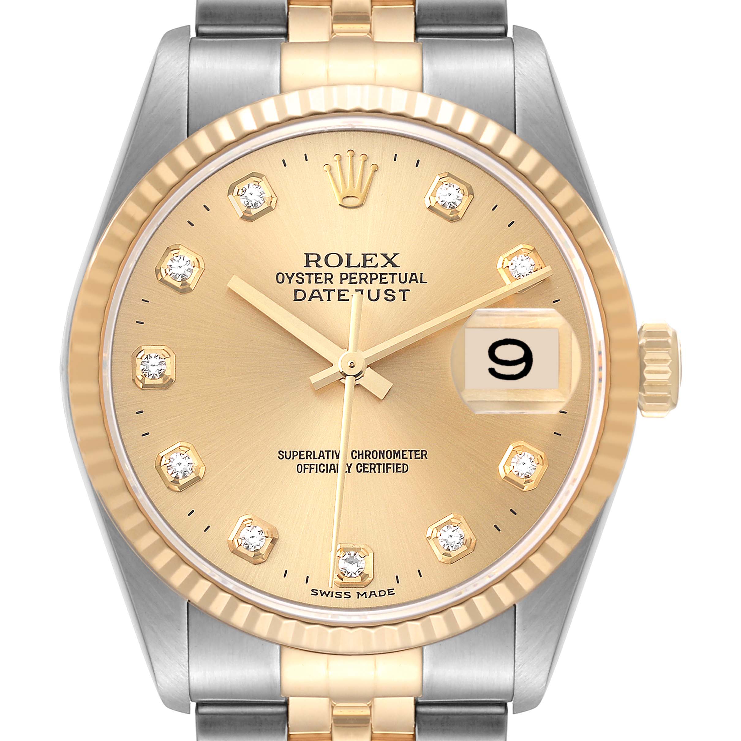 The image shows a frontal view of the Rolex Datejust 16233 Men's Steel and Gold (two tone) Champagne Dial 16233 Men's Steel and Gold (two tone) Champagne Dial watch, highlighting its dial, hands, date window, and part of the bracelet.