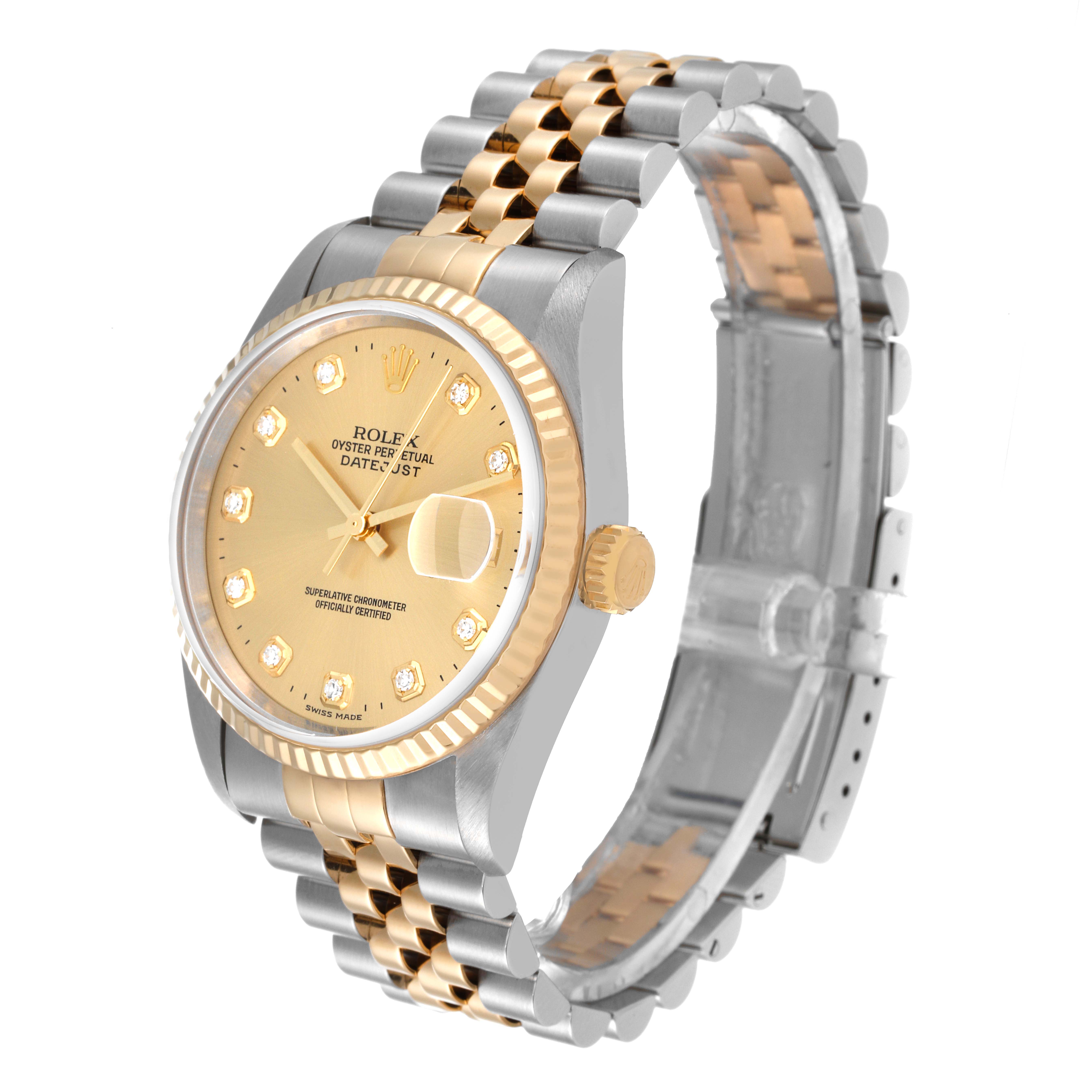 The image shows a Rolex Datejust 16233 Men's Steel and Gold (two tone) Champagne Dial 16233 Men's Steel and Gold (two tone) Champagne Dial watch at a three-quarter angle, featuring its face, bezel, and two-tone bracelet.
