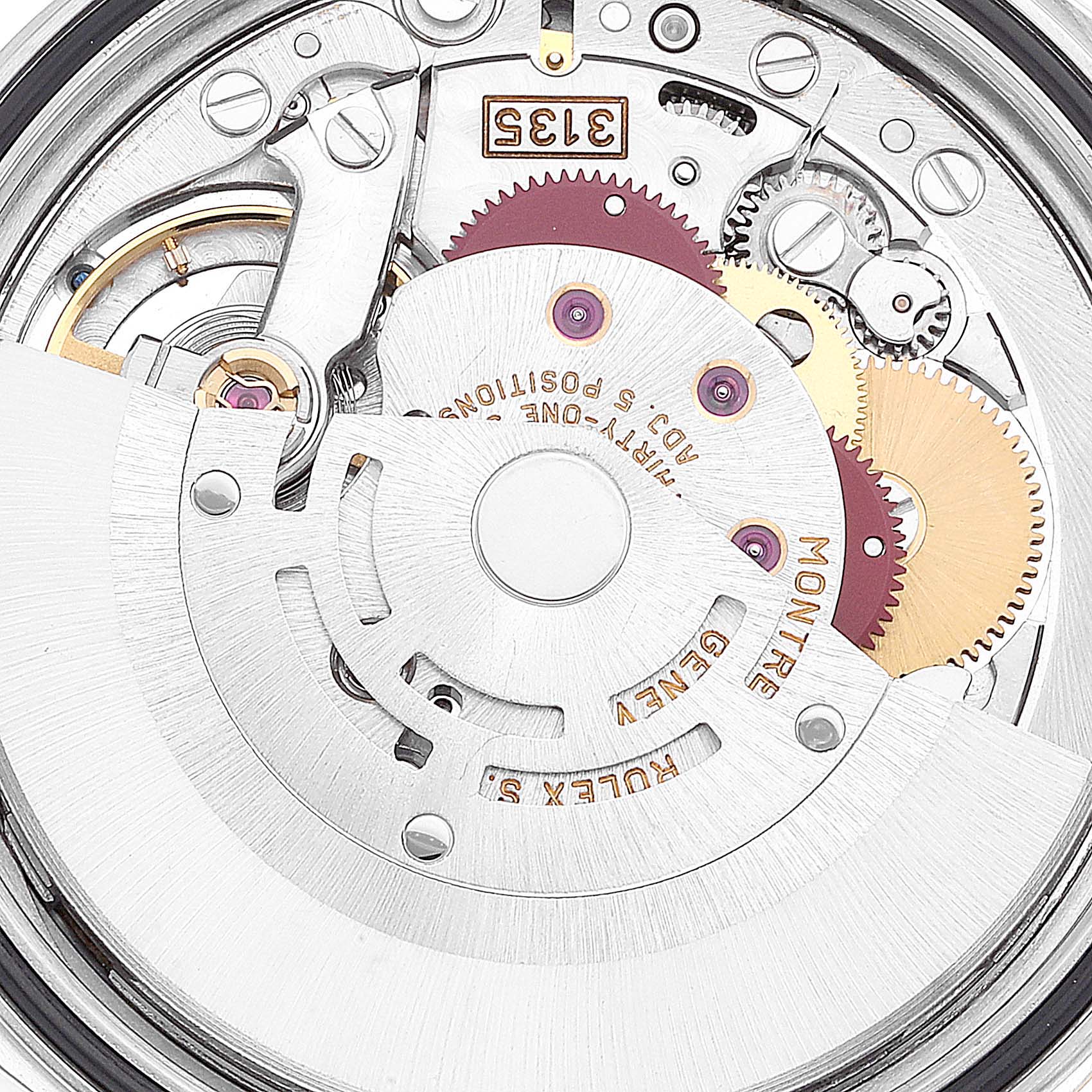 This image shows a close-up view of the movement mechanism of a Rolex Datejust 16233 Men's Steel and Gold (two tone) Champagne Dial 16233 Men's Steel and Gold (two tone) Champagne Dial watch.