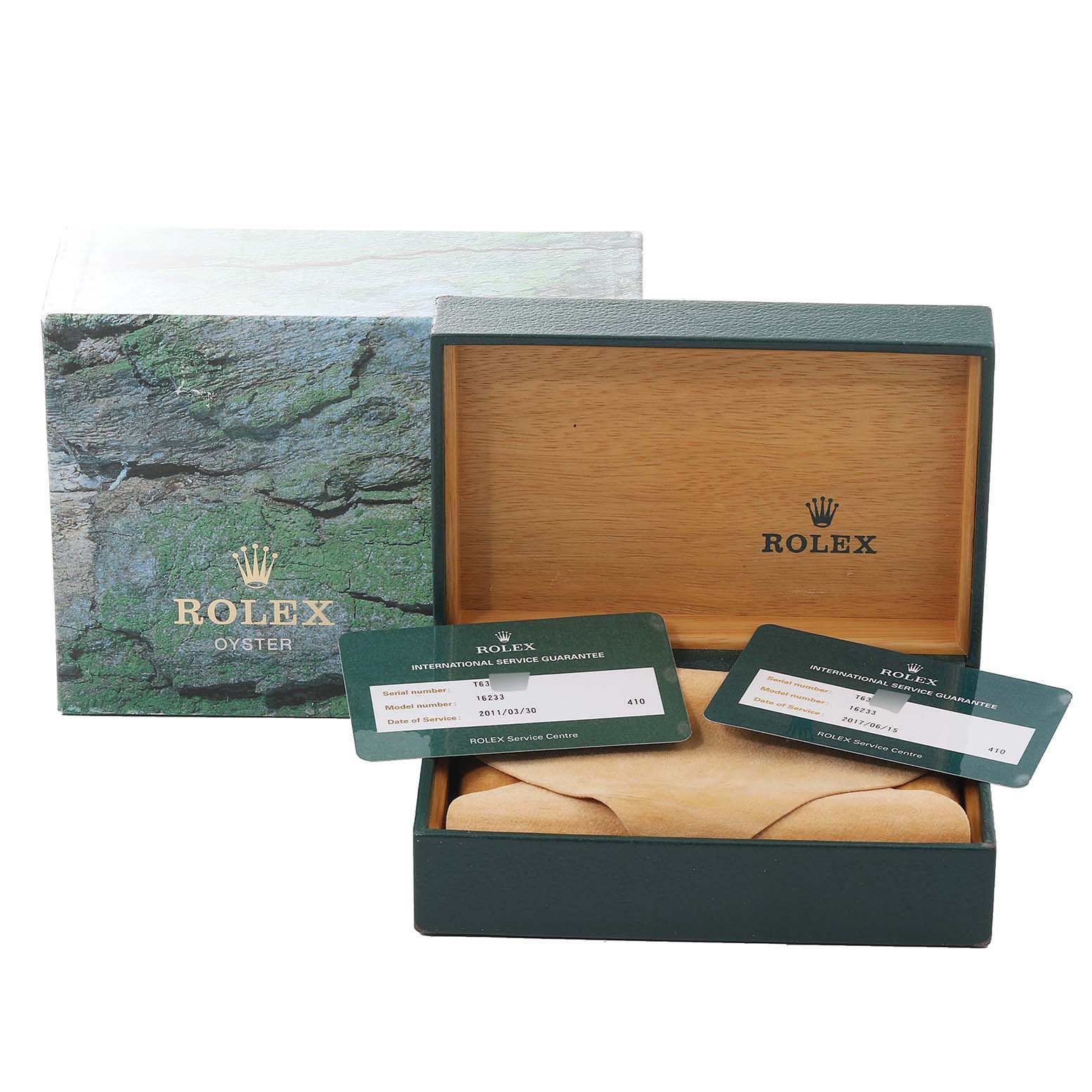 This image shows the box and authenticity cards for the Rolex Datejust 16233 Men's Steel and Gold (two tone) Champagne Dial 16233 Men's Steel and Gold (two tone) Champagne Dial watch model.