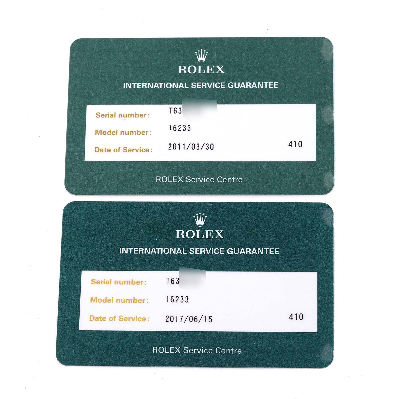 The image shows two Rolex International Service Guarantee cards for the Rolex Datejust 16233 Men's Steel and Gold (two tone) Champagne Dial 16233 Men's Steel and Gold (two tone) Champagne Dial model 16233.