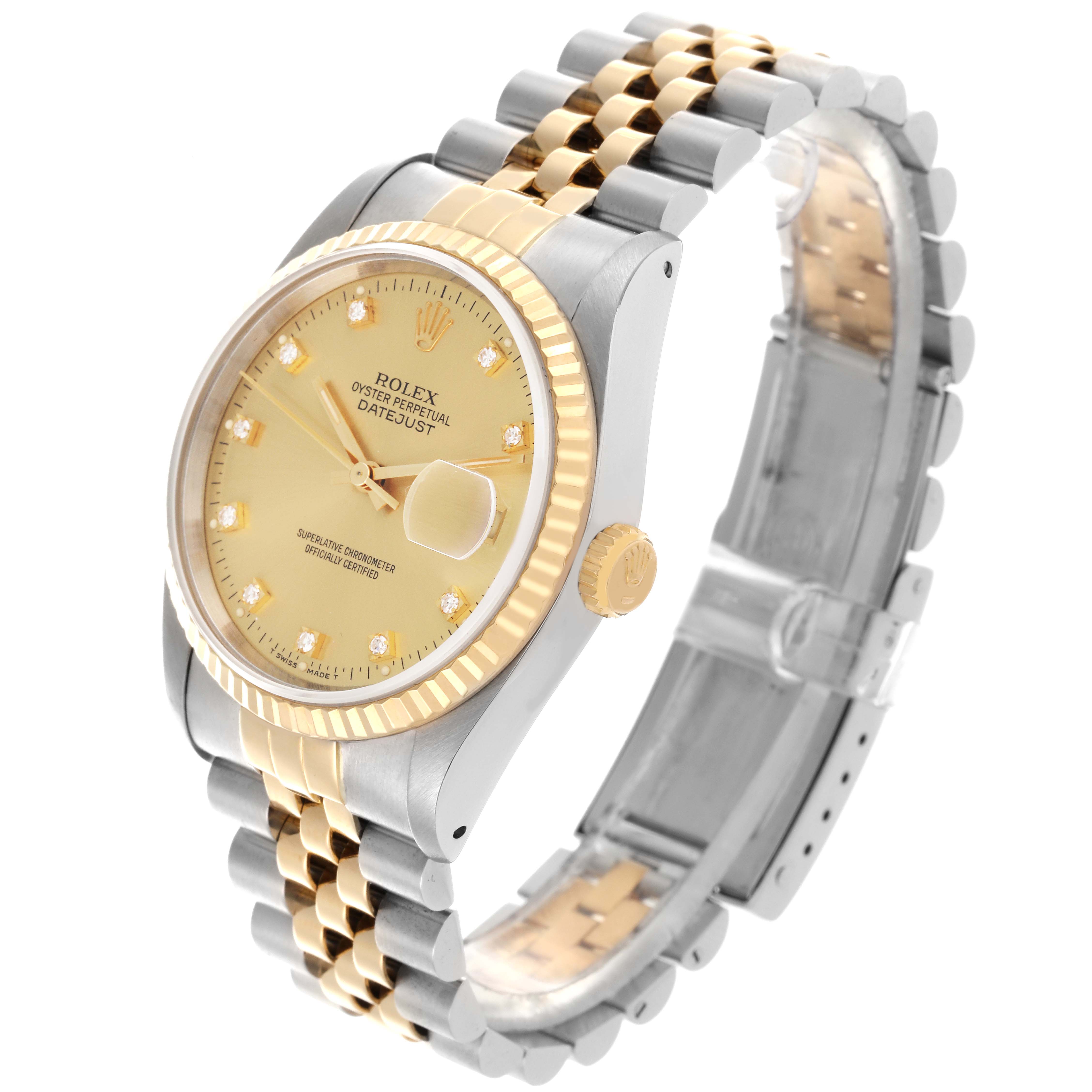 The Rolex Datejust 16233 Men
s Steel and Gold (two tone) Champagne Dial 16233 Men
s Steel and Gold (two tone) Champagne Dial is shown at a three-quarter angle, displaying its face, bezel, crown, and two-tone bracelet.