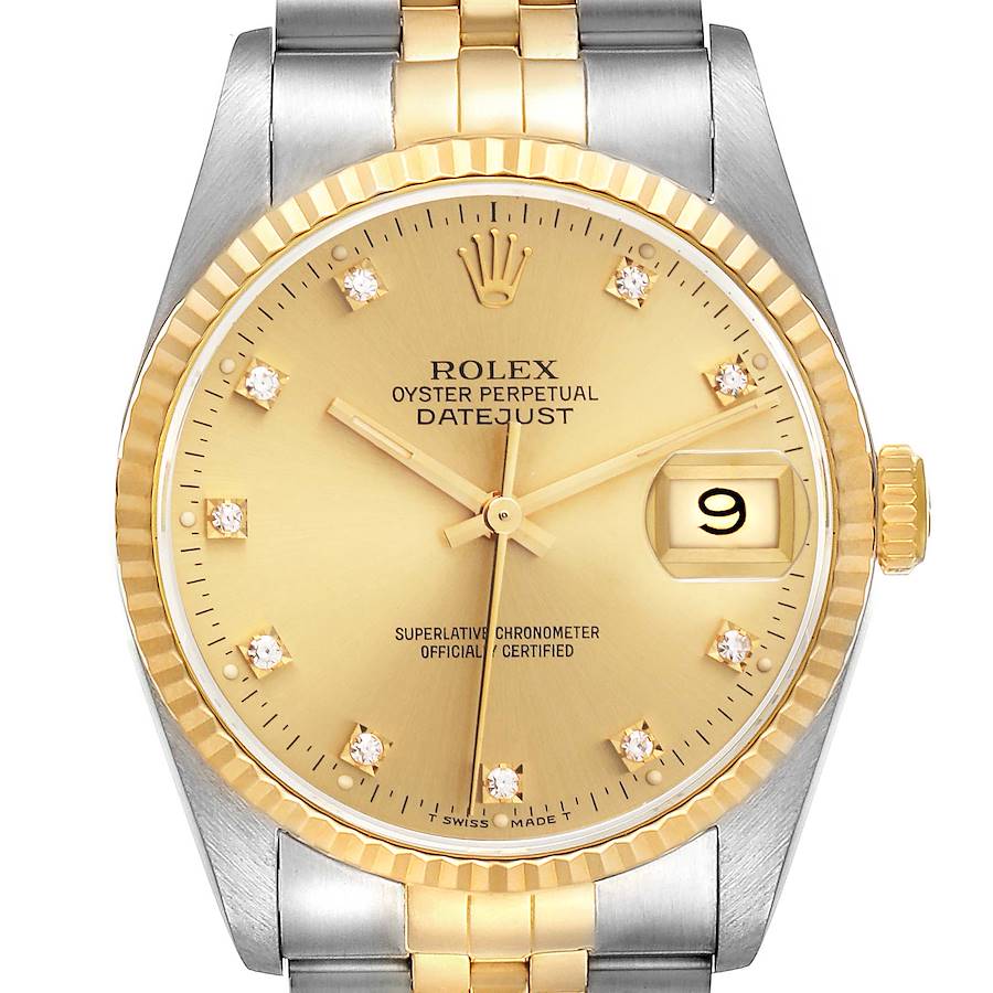 The image shows a front view of the Rolex Datejust watch, highlighting its dial, bezel, crown, and bracelet.