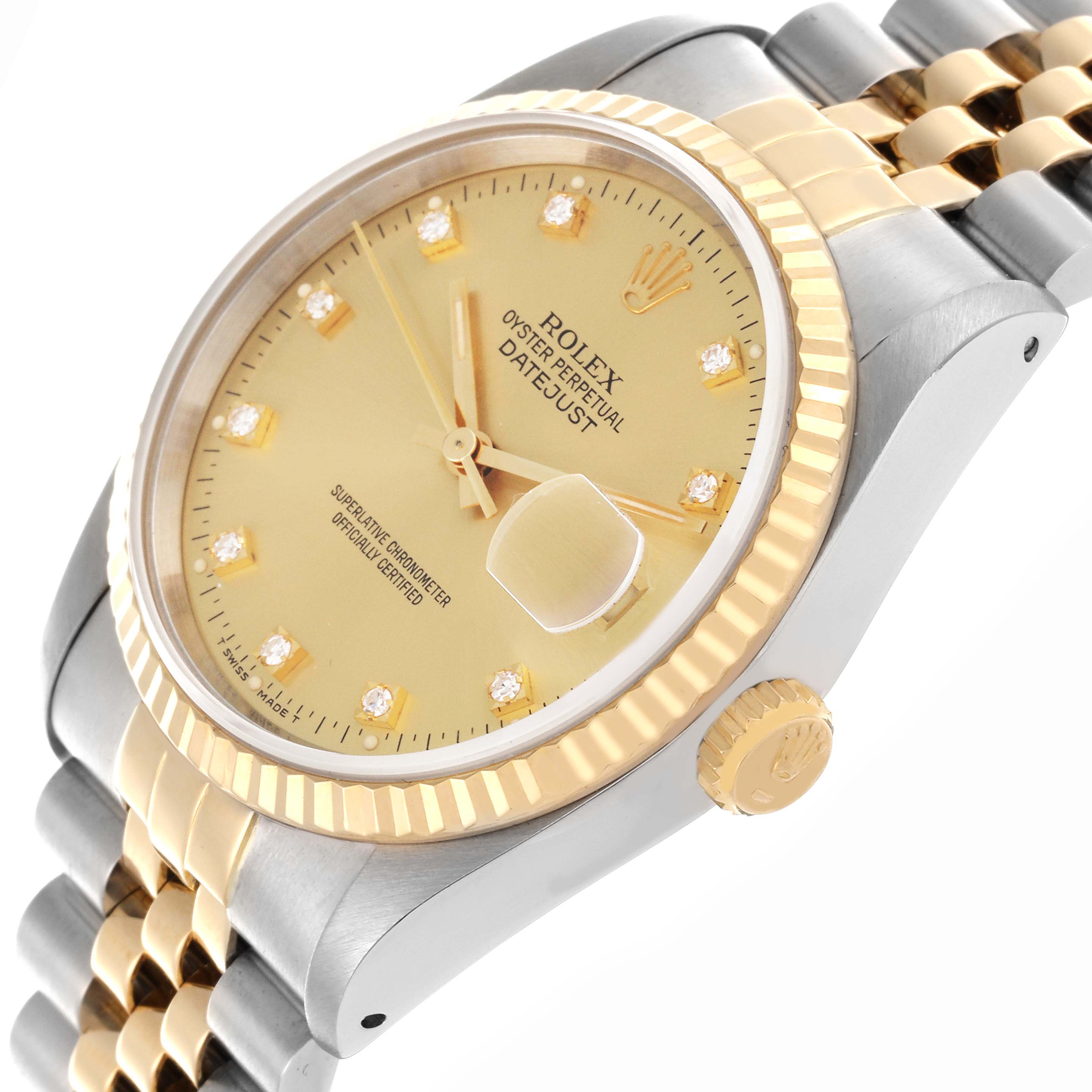 The Rolex Datejust 16233 Men
s Steel and Gold (two tone) Champagne Dial 16233 Men
s Steel and Gold (two tone) Champagne Dial watch is shown at a slant angle, highlighting the dial, bezel, crown, and bracelet.