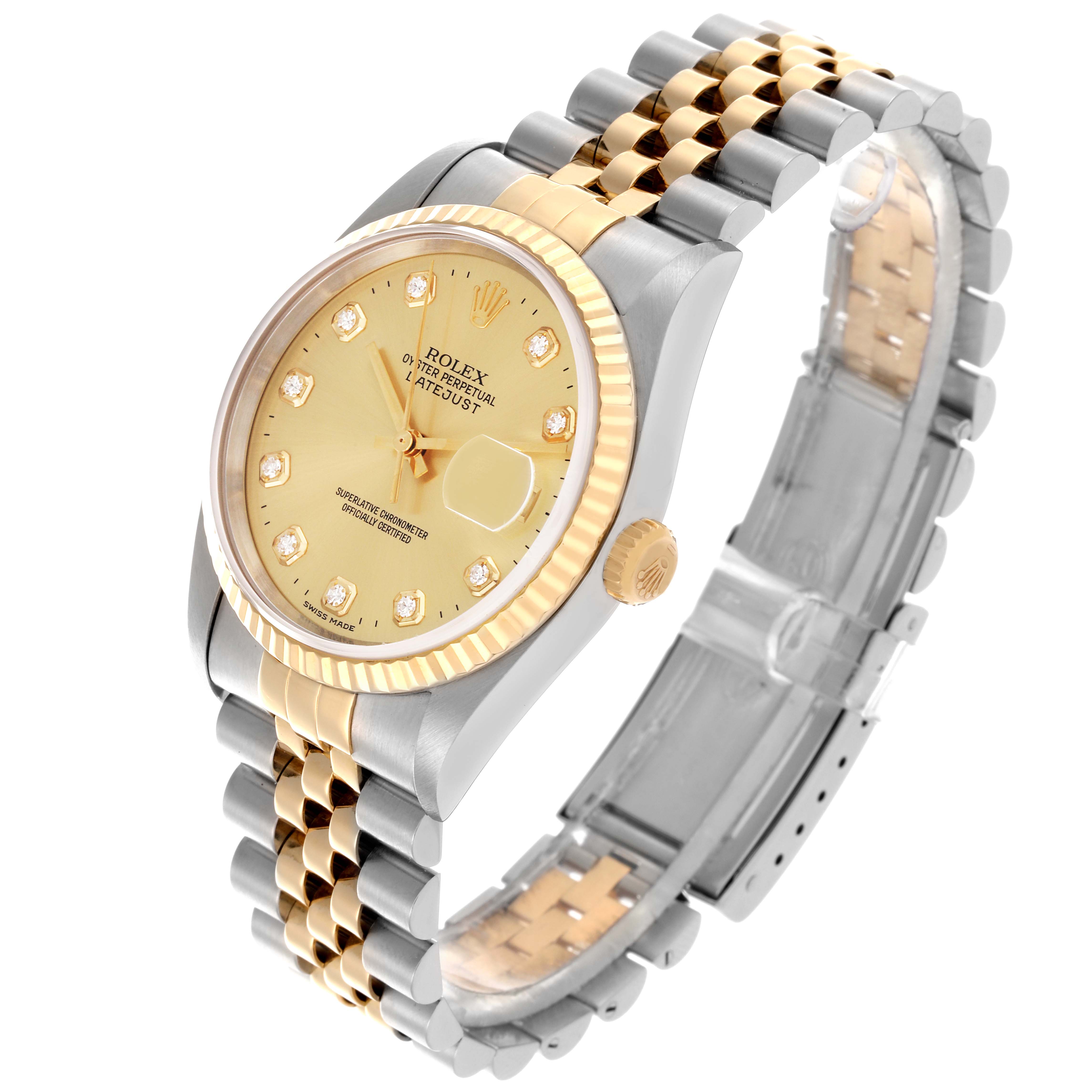The image shows a Rolex Datejust 16233 Men's Steel and Gold (two tone) Champagne Dial 16233 Men's Steel and Gold (two tone) Champagne Dial watch at a three-quarter angle, displaying the dial, bezel, crown, and bracelet.