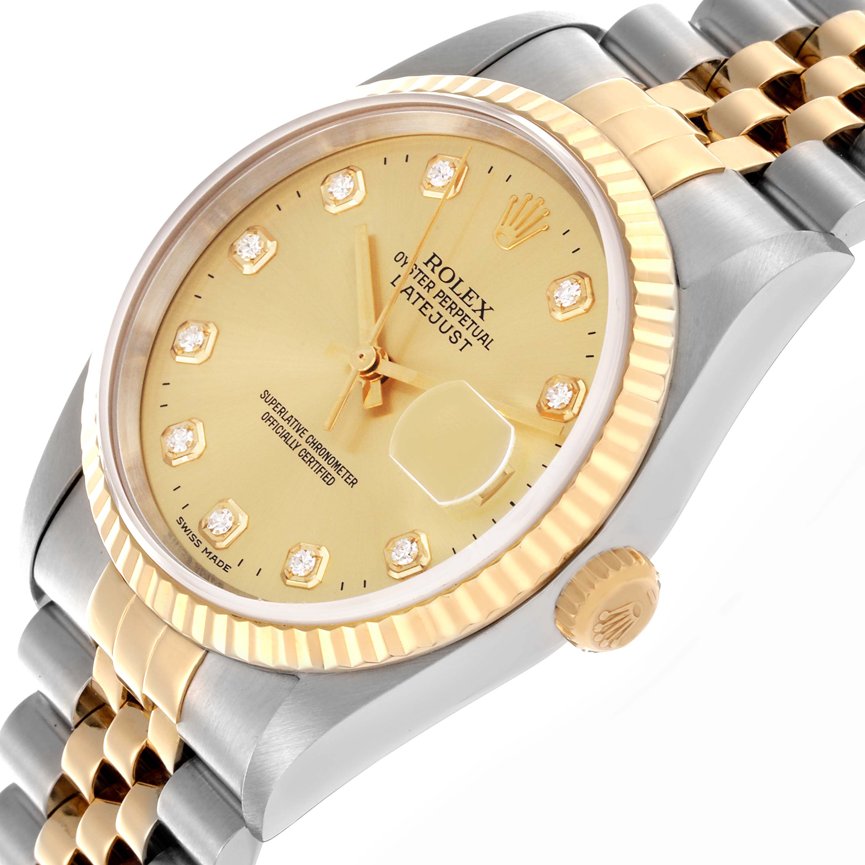 The Rolex Datejust 16233 Men's Steel and Gold (two tone) Champagne Dial 16233 Men's Steel and Gold (two tone) Champagne Dial watch is shown at an angled view, highlighting the gold and silver bezel, dial, and jubilee bracelet.