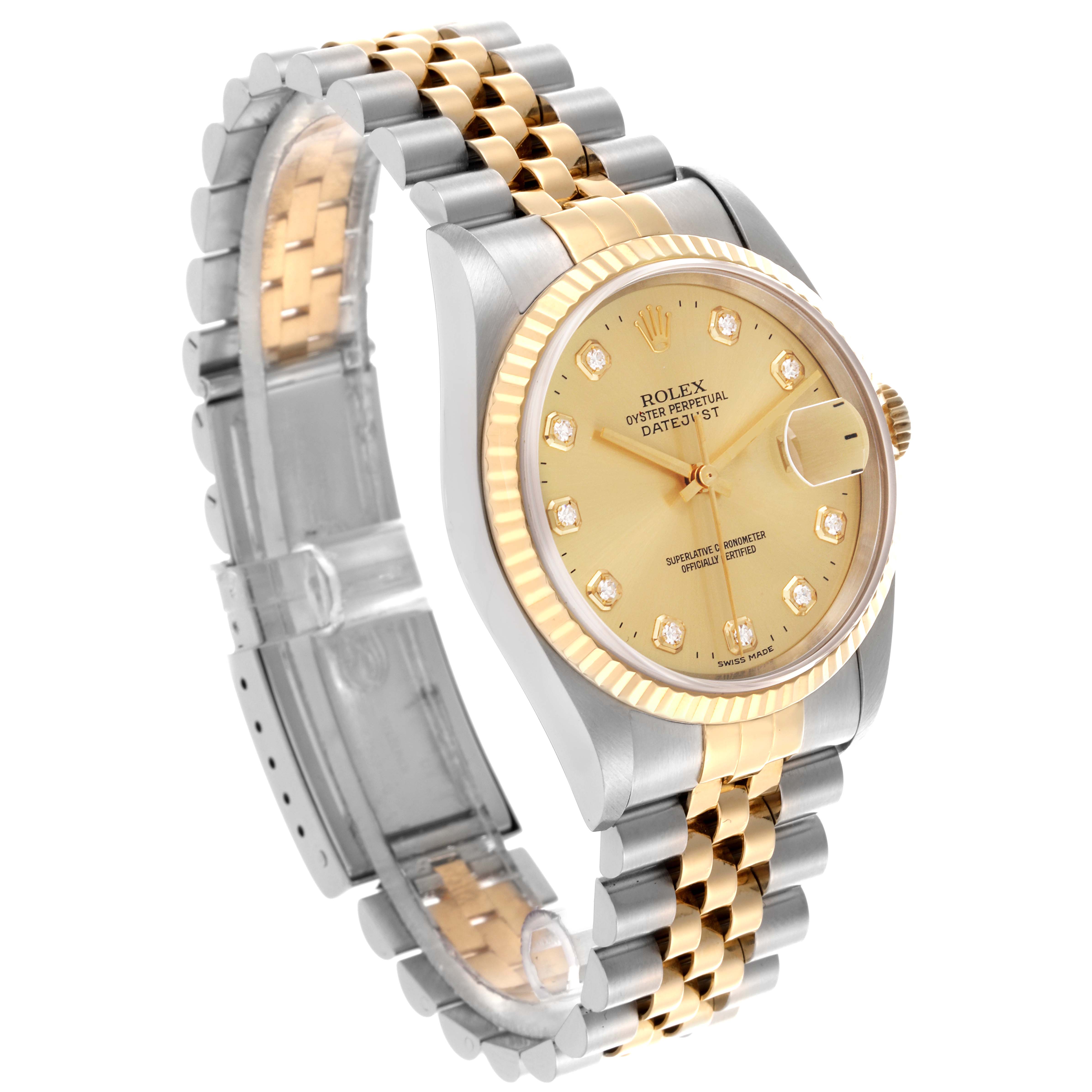 The Rolex Datejust 16233 Men's Steel and Gold (two tone) Champagne Dial 16233 Men's Steel and Gold (two tone) Champagne Dial watch is shown at an angle highlighting the gold and silver bracelet, fluted bezel, and champagne dial.
