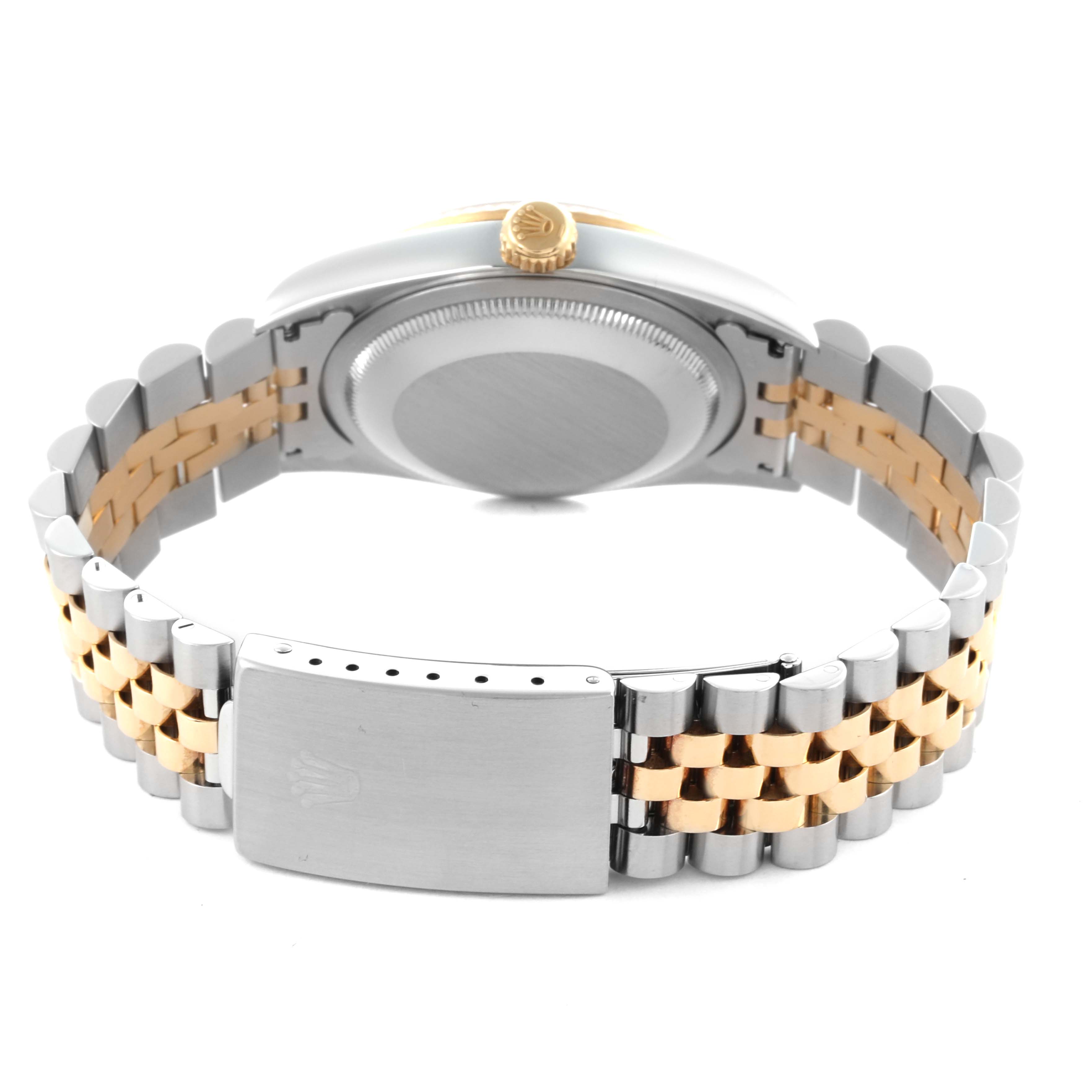 The image shows the back and bracelet of a Rolex Datejust 16233 Men's Steel and Gold (two tone) Champagne Dial 16233 Men's Steel and Gold (two tone) Champagne Dial, highlighting the clasp, case back, and crown.