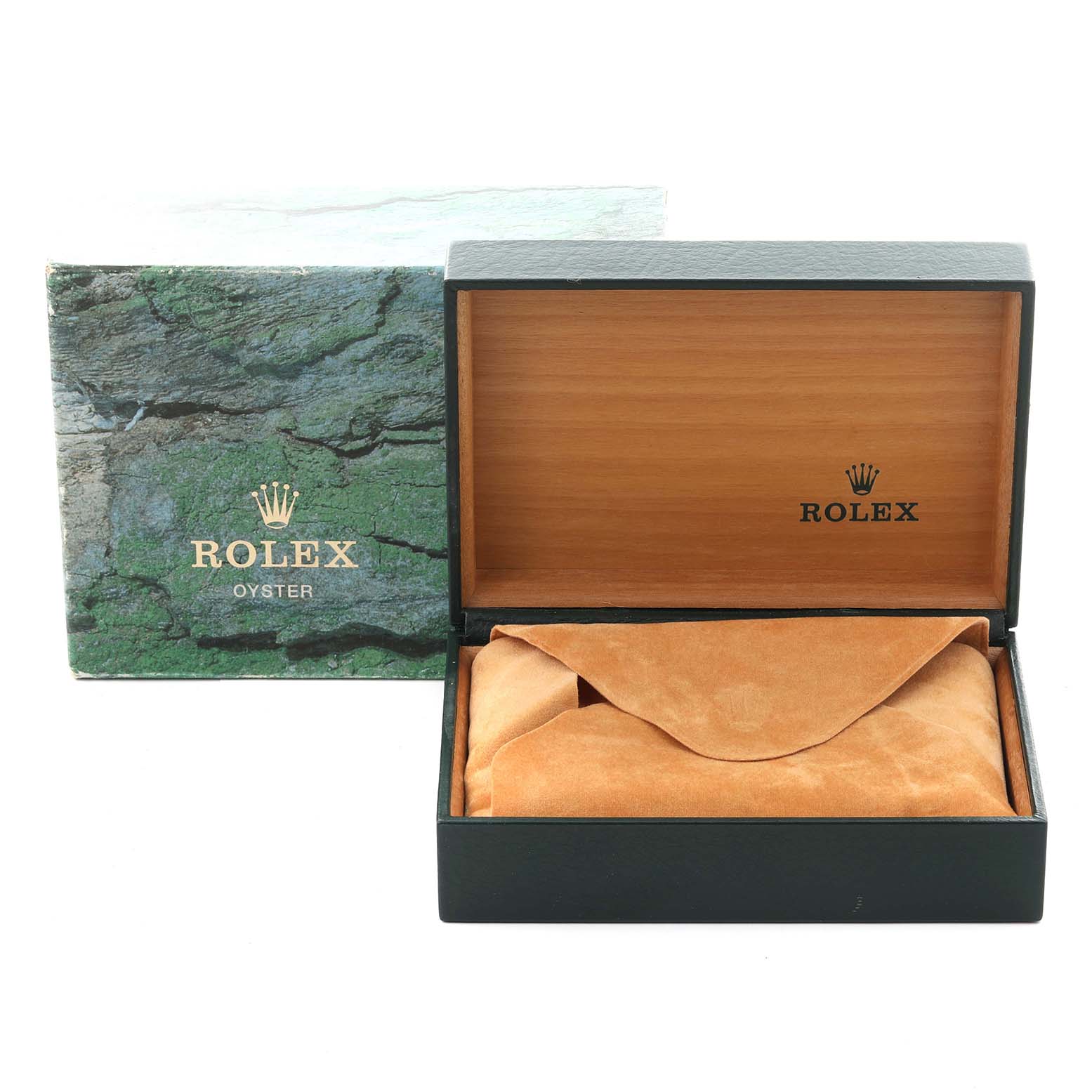 The image shows a Rolex Datejust 16233 Men's Steel and Gold (two tone) Champagne Dial 16233 Men's Steel and Gold (two tone) Champagne Dial watch box, open with a protective pouch inside.