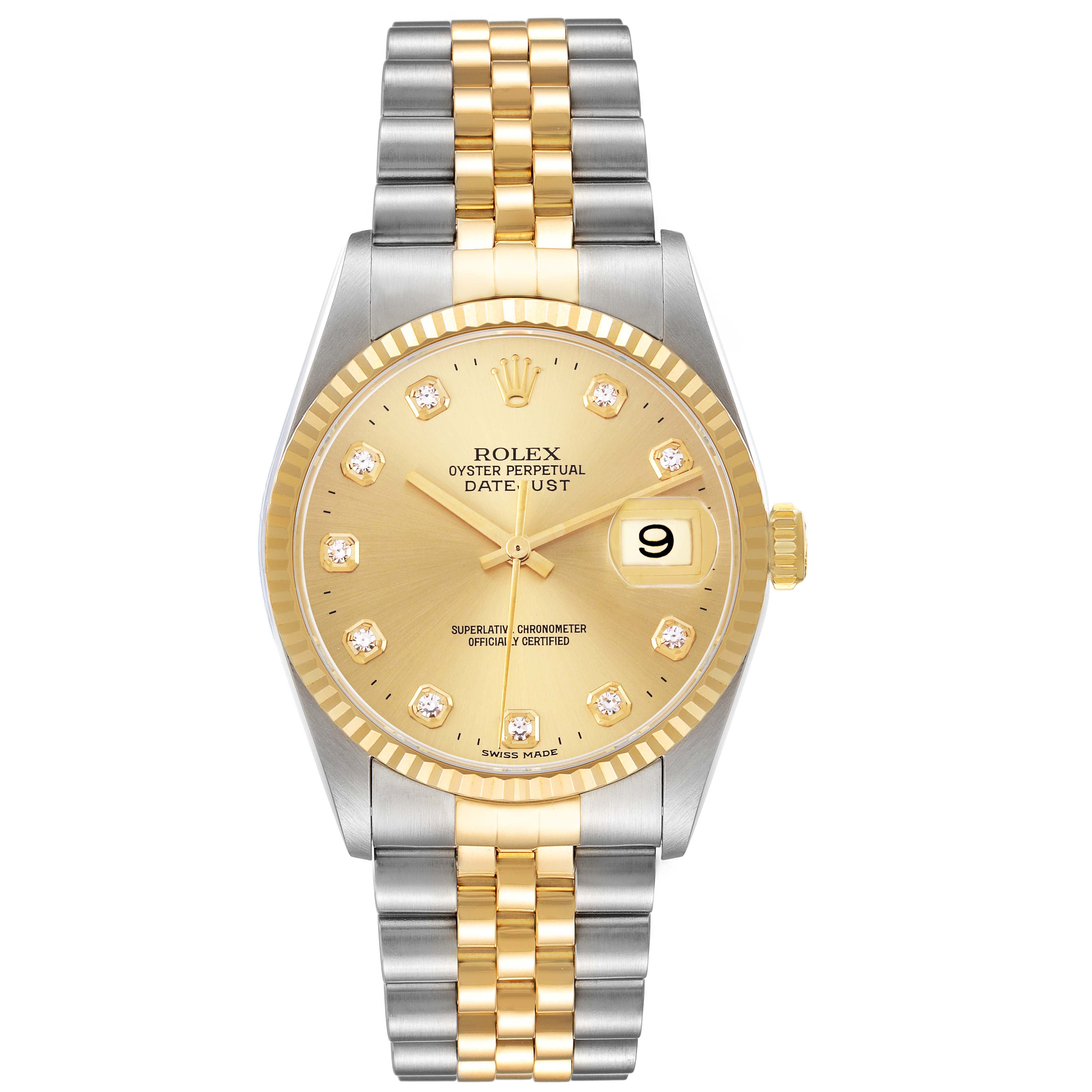The Rolex Datejust 16233 Men's Steel and Gold (two tone) Champagne Dial 16233 Men's Steel and Gold (two tone) Champagne Dial watch is shown from the front, displaying the dial, bezel, bracelet, and crown.