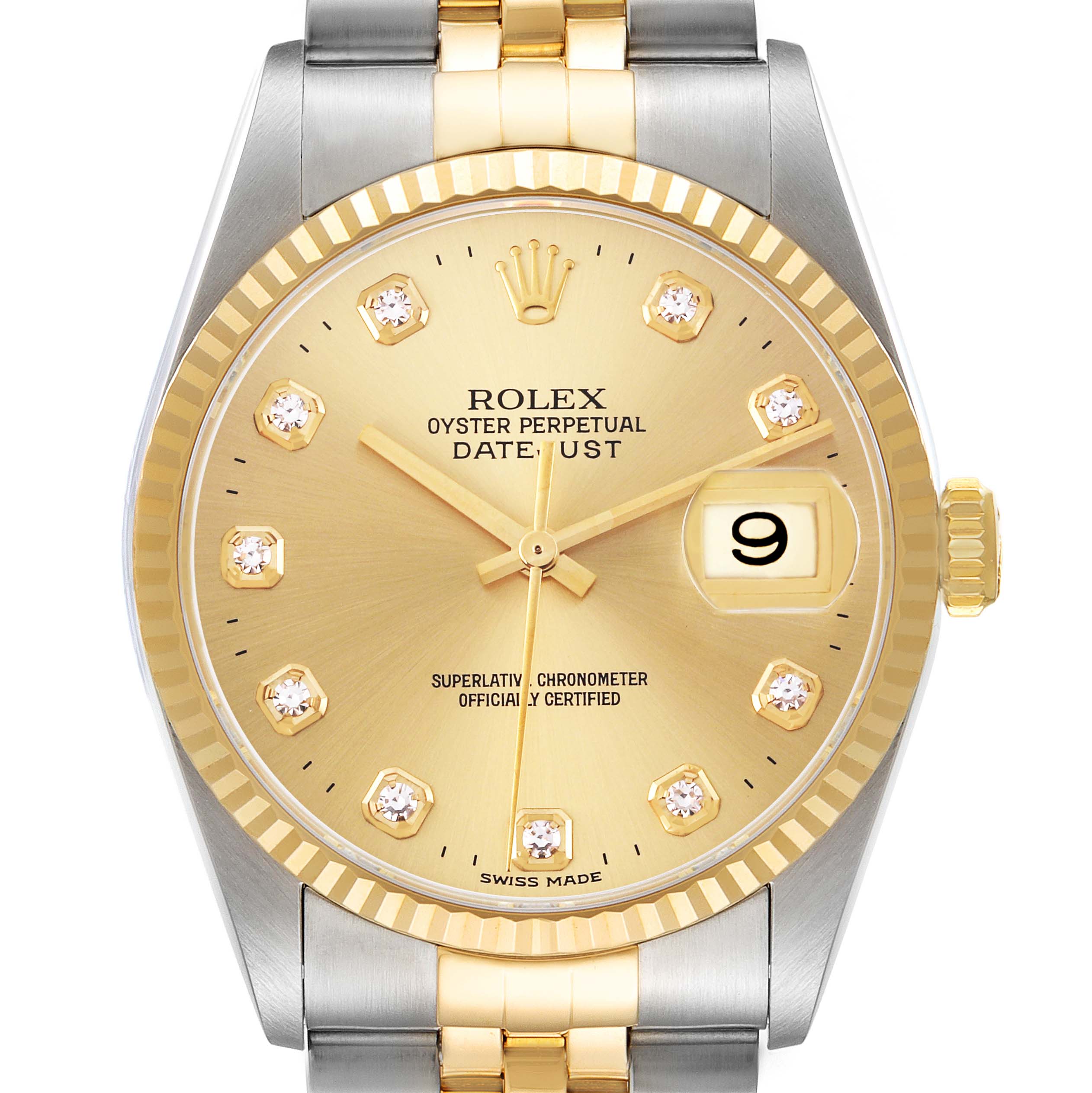 The Rolex Datejust 16233 Men's Steel and Gold (two tone) Champagne Dial 16233 Men's Steel and Gold (two tone) Champagne Dial is shown from the front, highlighting its dial, bezel, crown, and part of the bracelet.