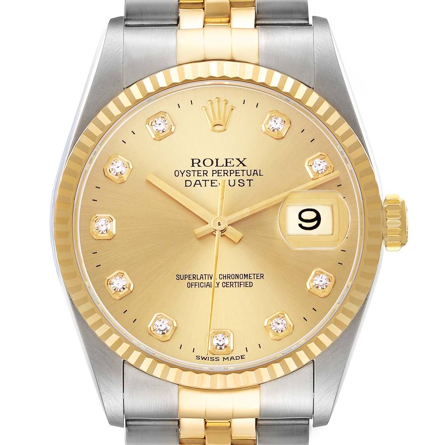 The Rolex Datejust is shown from the front, highlighting its dial, bezel, crown, and part of the bracelet.