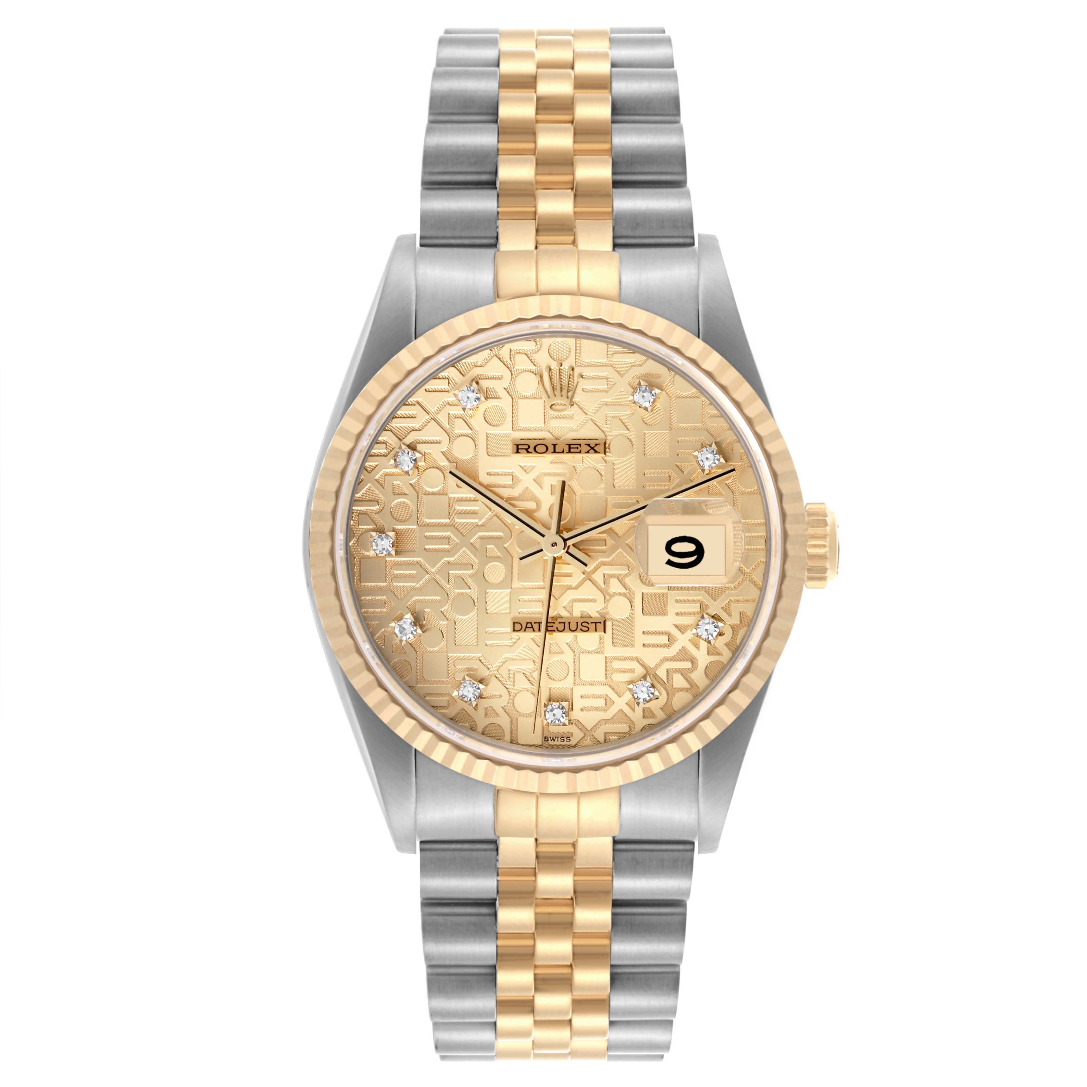 The Rolex Datejust 16233 Men's Steel and Gold (two tone) Champagne Dial 16233 Men's Steel and Gold (two tone) Champagne Dial watch is shown from a top-down angle, with its dial, bezel, and bracelet clearly visible.