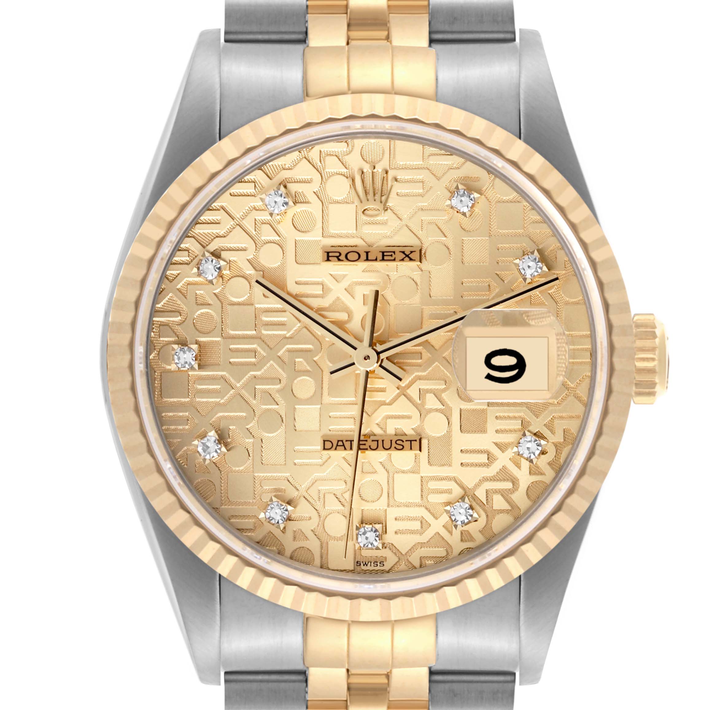 The Rolex Datejust 16233 Men's Steel and Gold (two tone) Champagne Dial 16233 Men's Steel and Gold (two tone) Champagne Dial watch is shown from the front, highlighting the dial, bezel, and part of the bracelet.