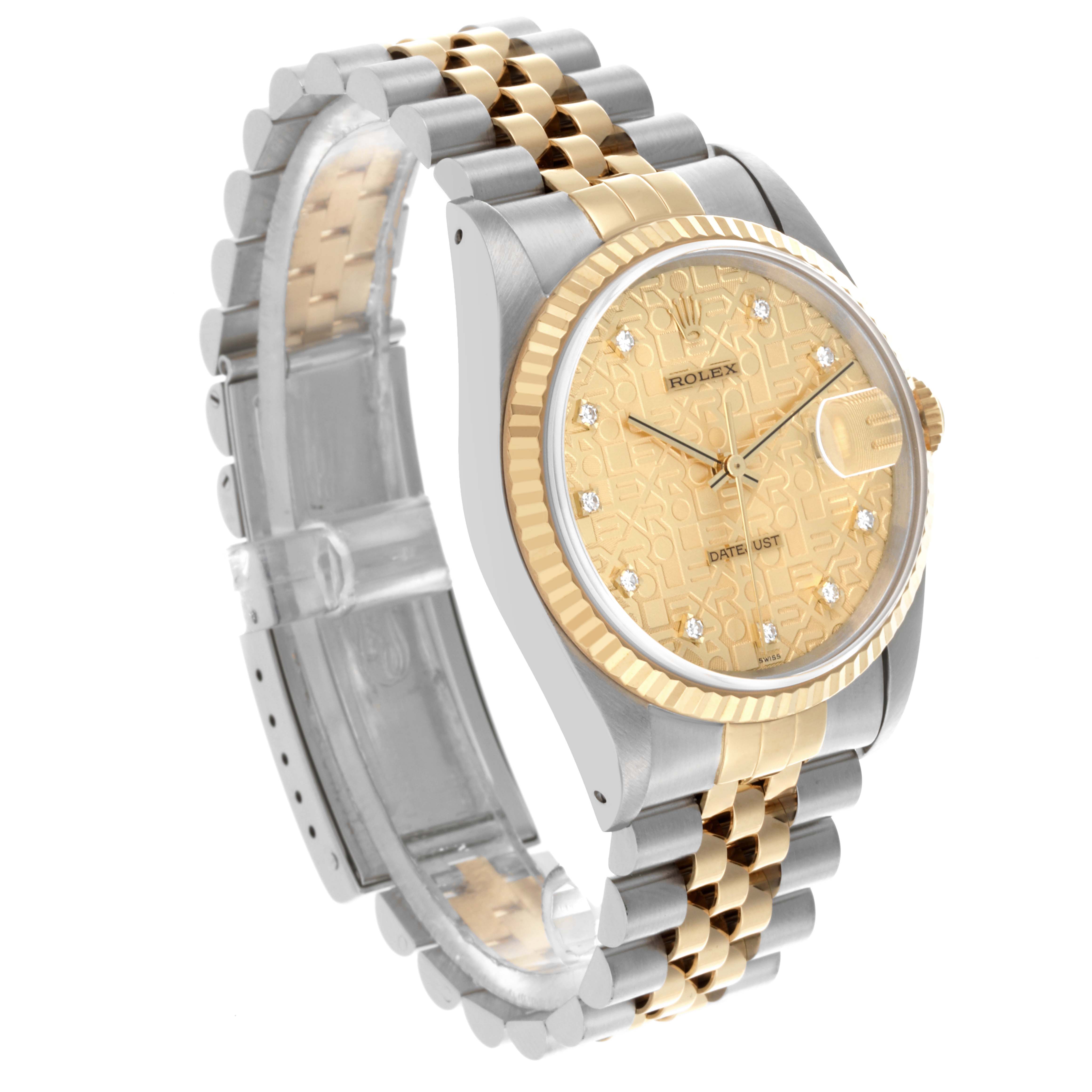 The Rolex Datejust 16233 Men's Steel and Gold (two tone) Champagne Dial 16233 Men's Steel and Gold (two tone) Champagne Dial watch is shown at a three-quarter angle, highlighting its face, bezel, and two-tone bracelet.