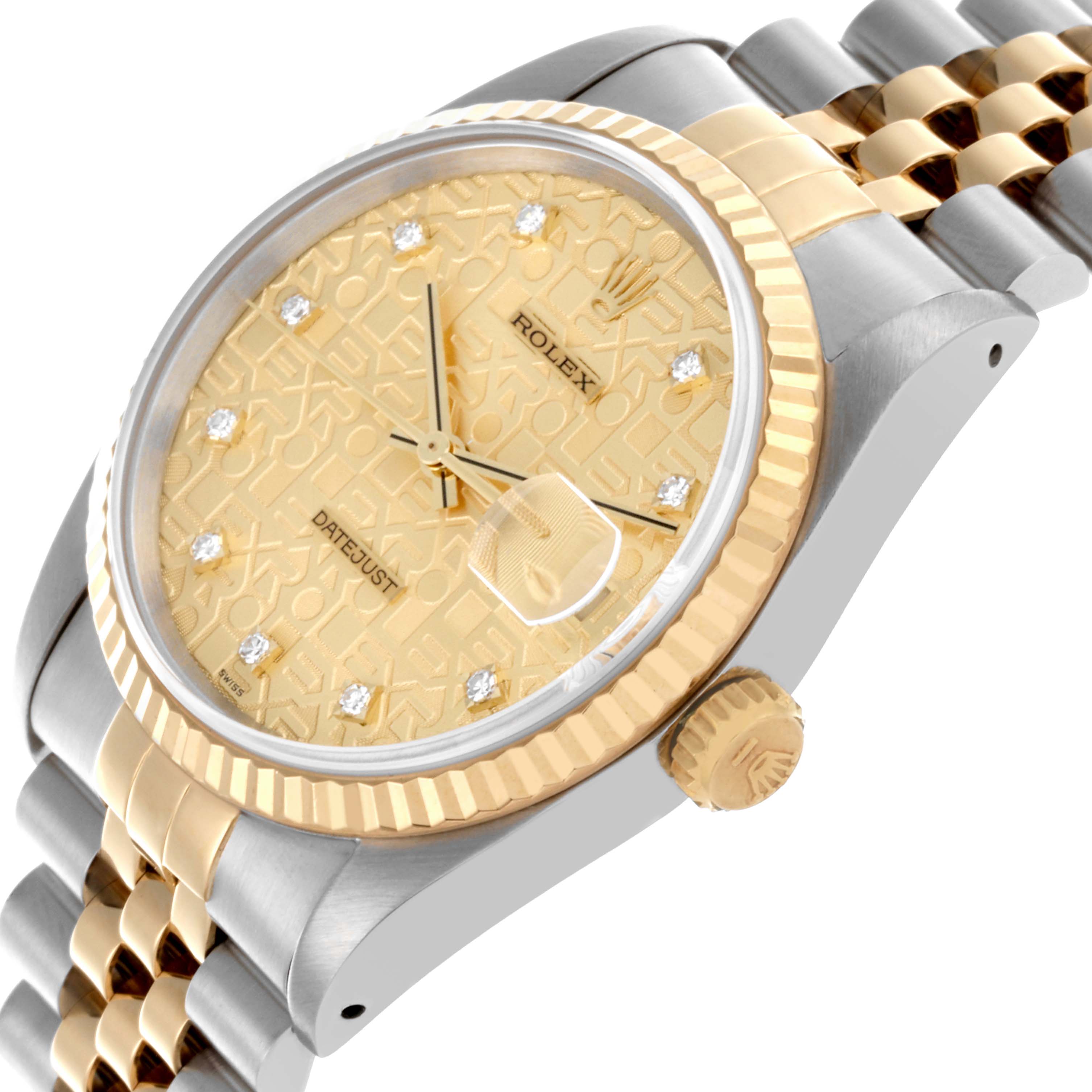 The image shows a Rolex Datejust 16233 Men's Steel and Gold (two tone) Champagne Dial 16233 Men's Steel and Gold (two tone) Champagne Dial watch at a side angle featuring the dial, bezel, bracelet, and crown.
